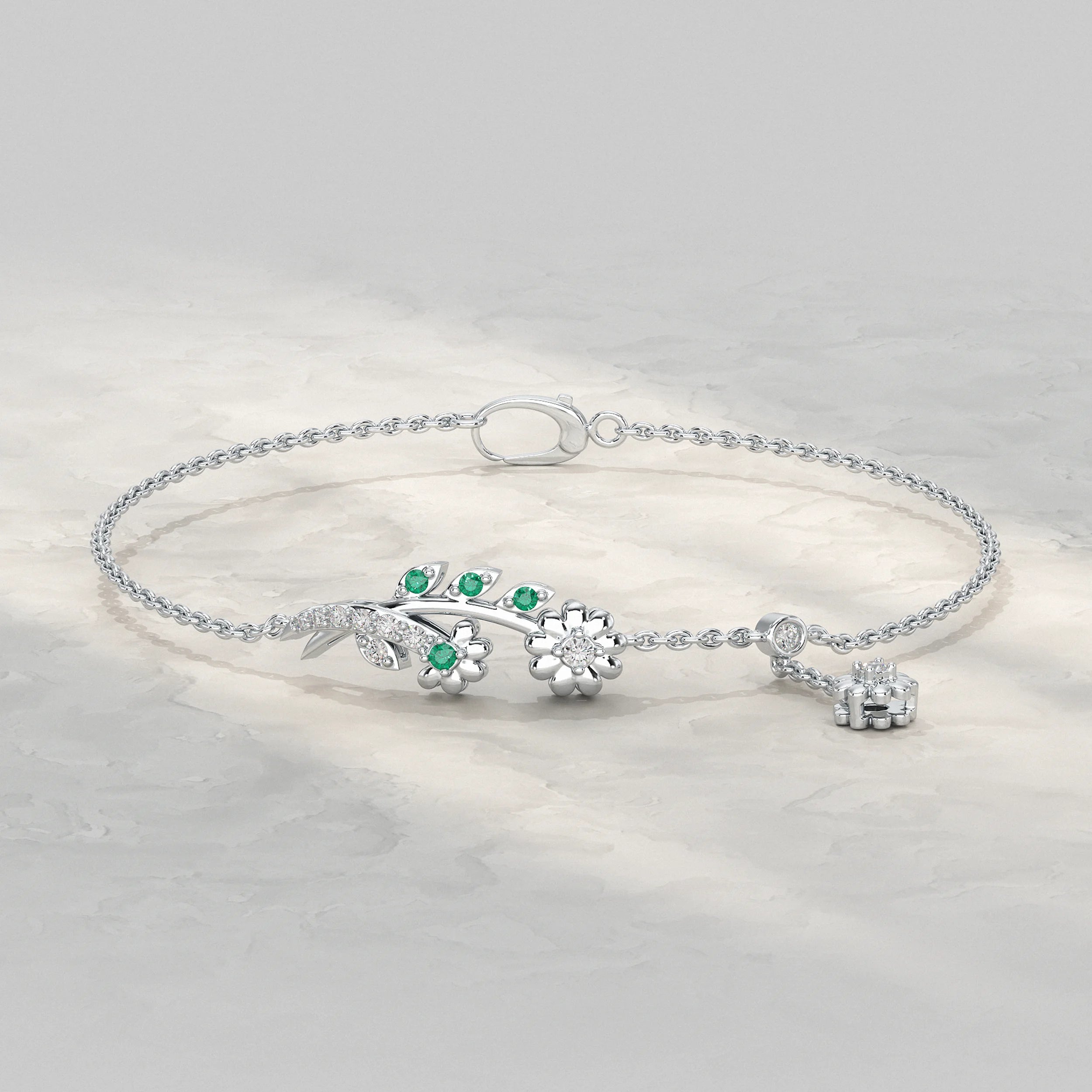 Round Lab Diamond Floral Leaf Charm Chain Bracelet