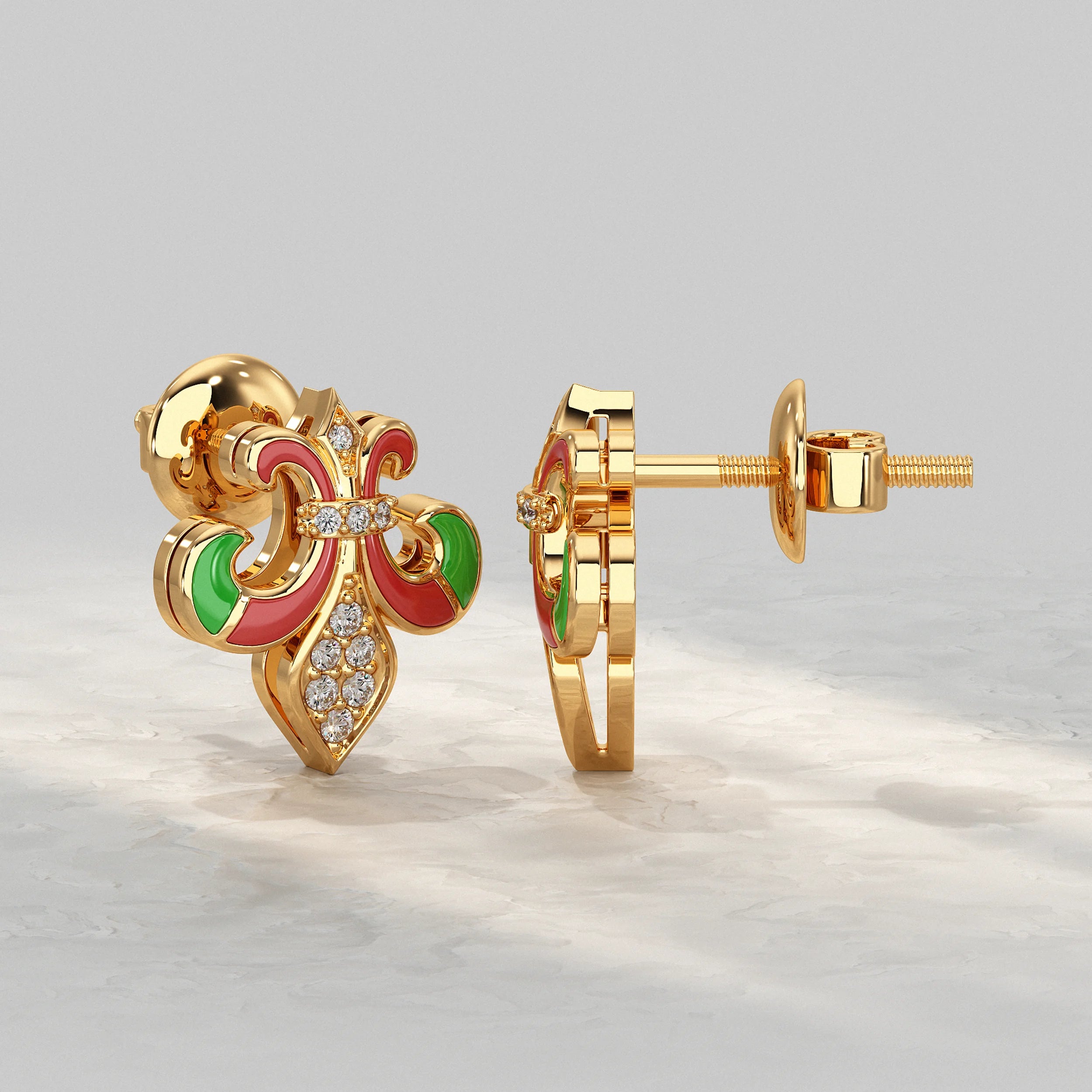 Enamel Diamond Fleur-de-Lis Stud Earrings
