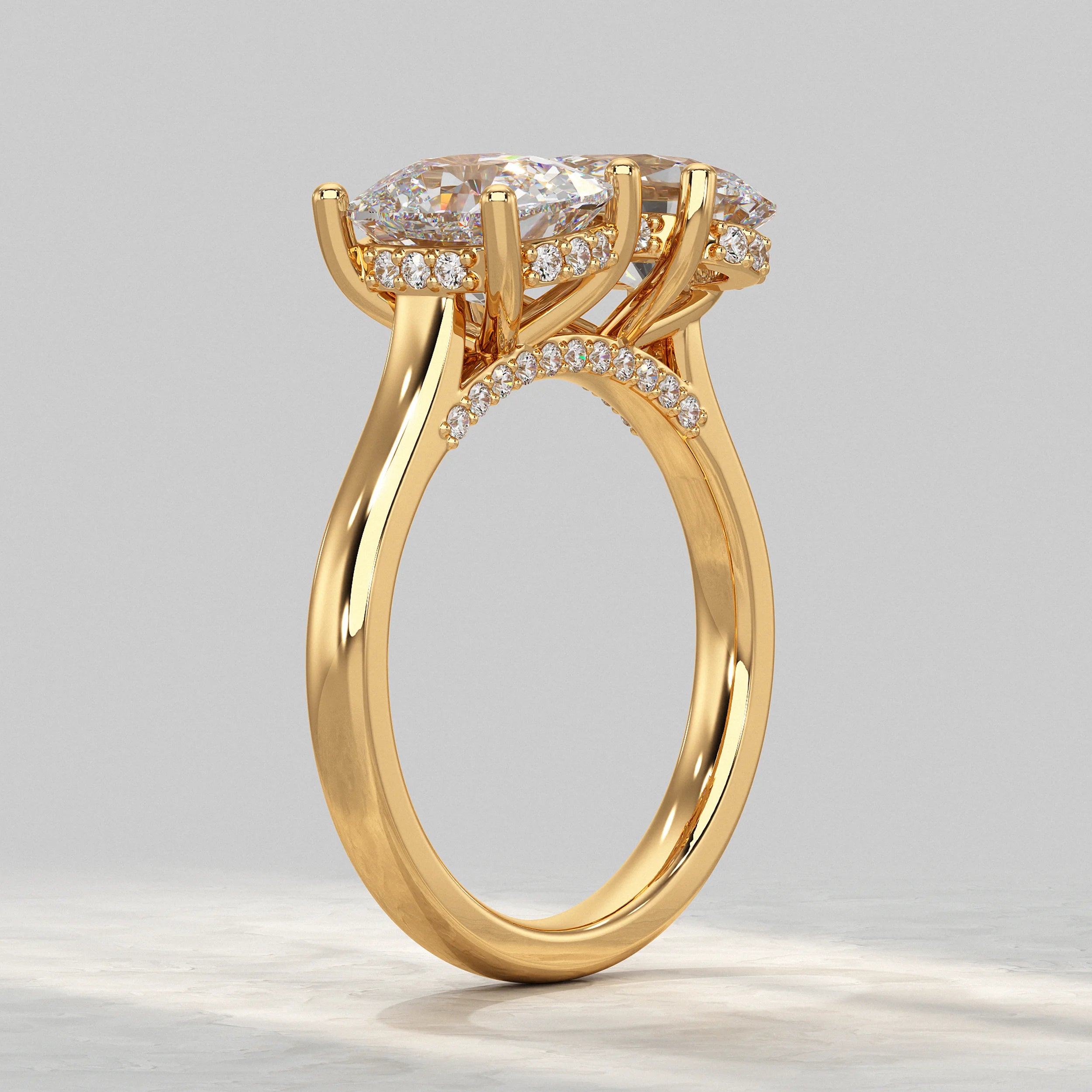 Two Stone Pear And Cushion Lab Diamond Hidden Halo Ring