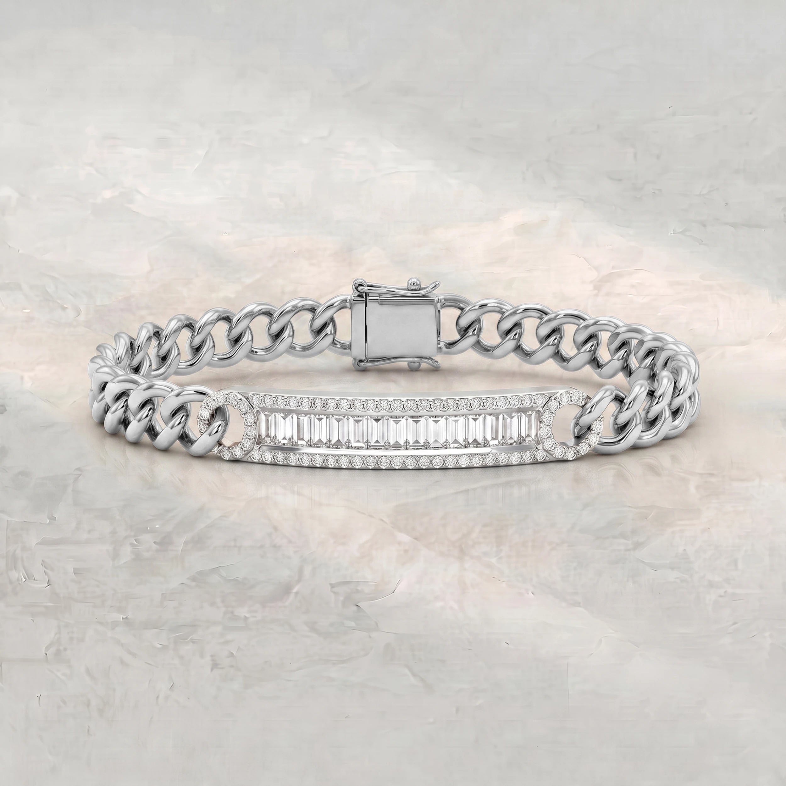 Baguette Diamond Bar Curb Link Men's Bracelet