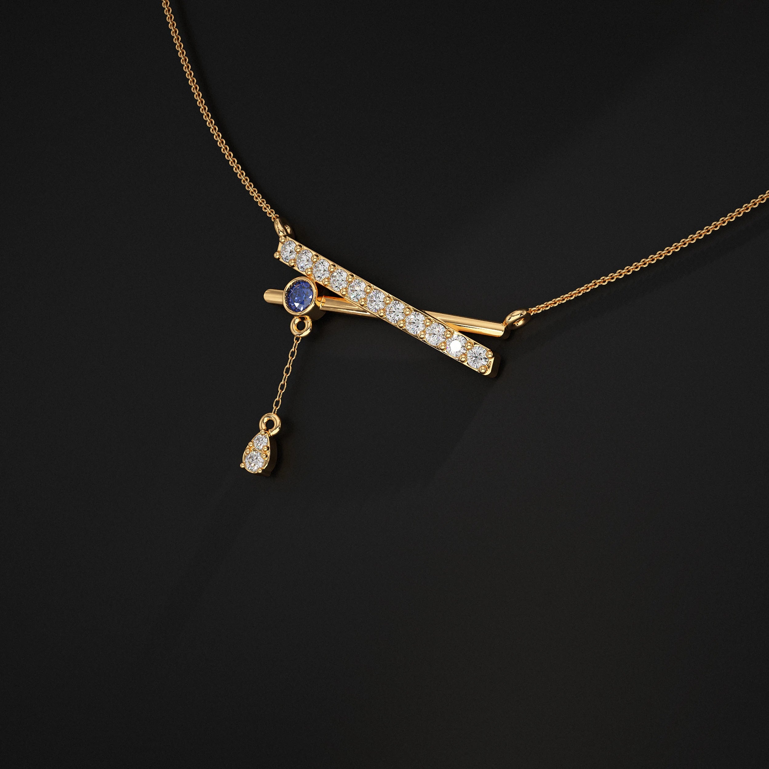 Round Lab Diamond Drop Chain Bar Pendant