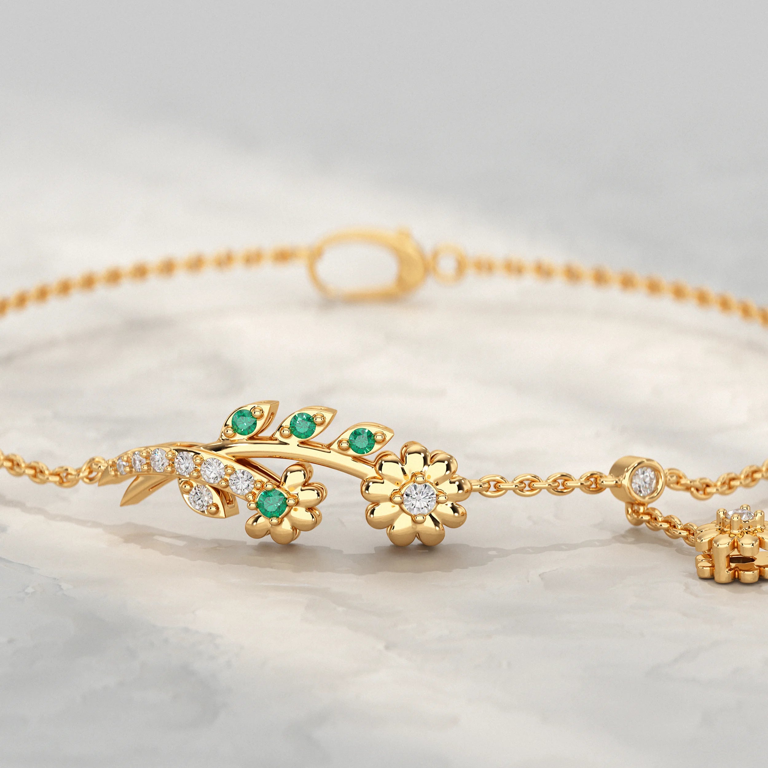 Round Lab Diamond Floral Leaf Charm Chain Bracelet