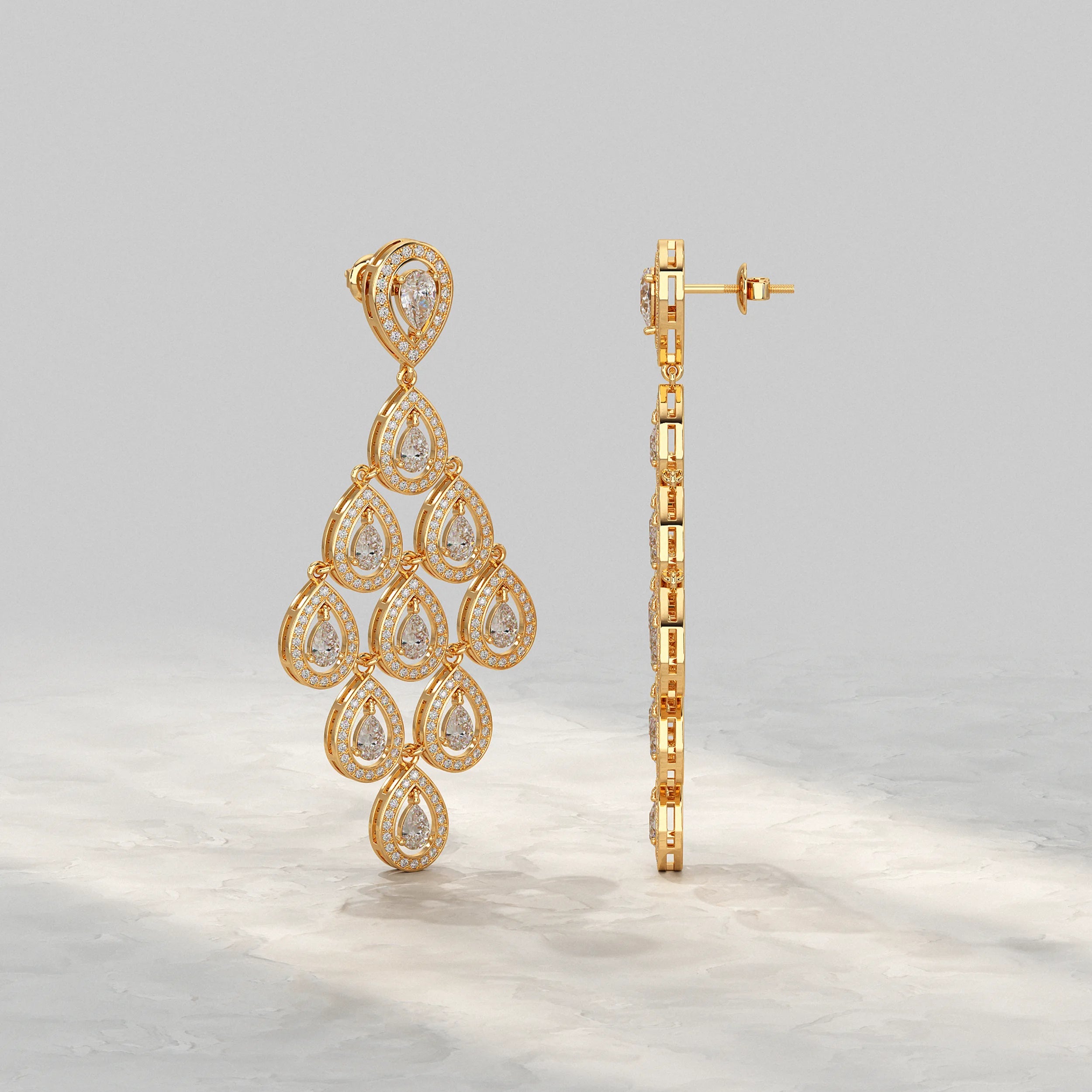 Pear Shape Halo Diamond Dangle Chandelier Earrings