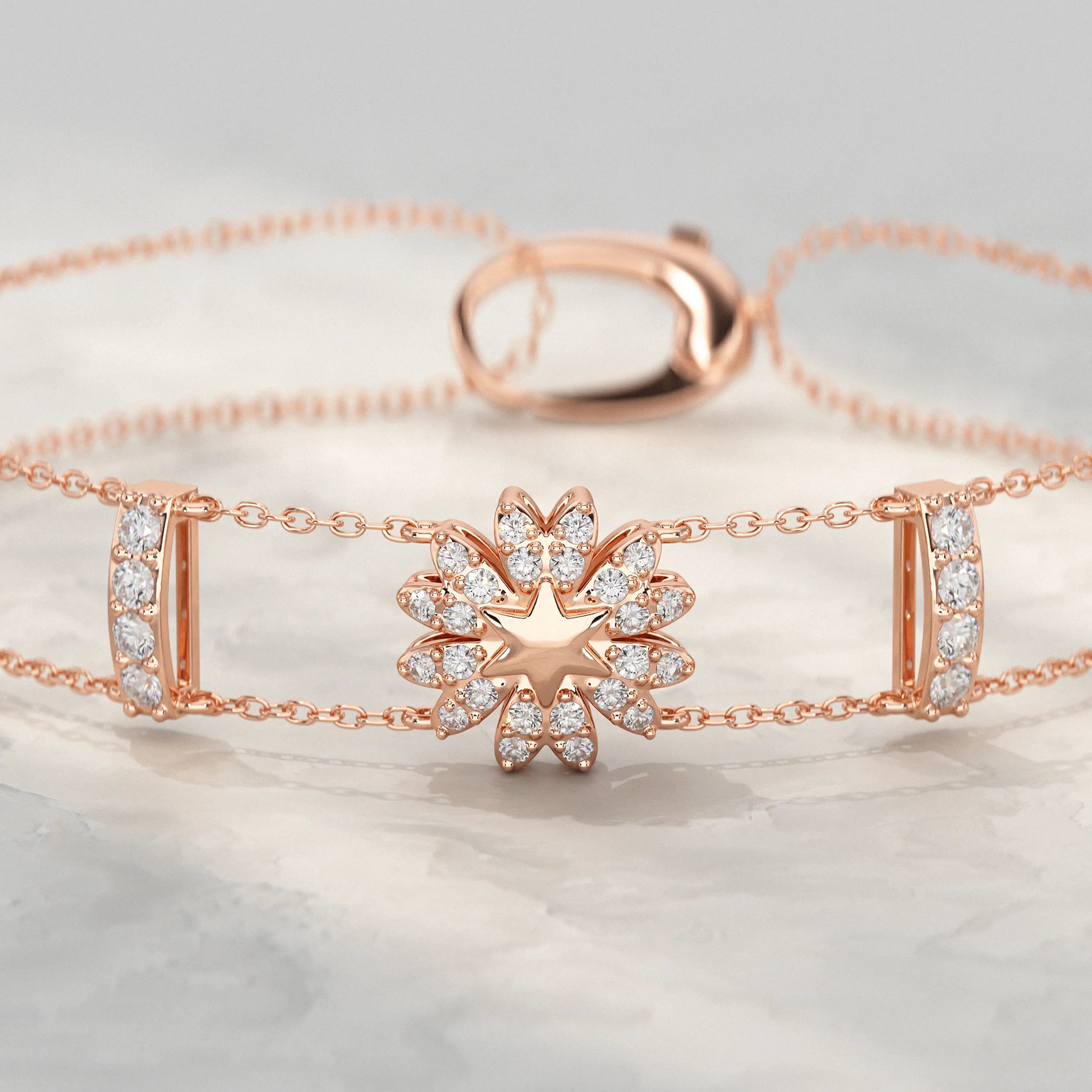 Floral Shape Round Diamond Double Chain Bracelet