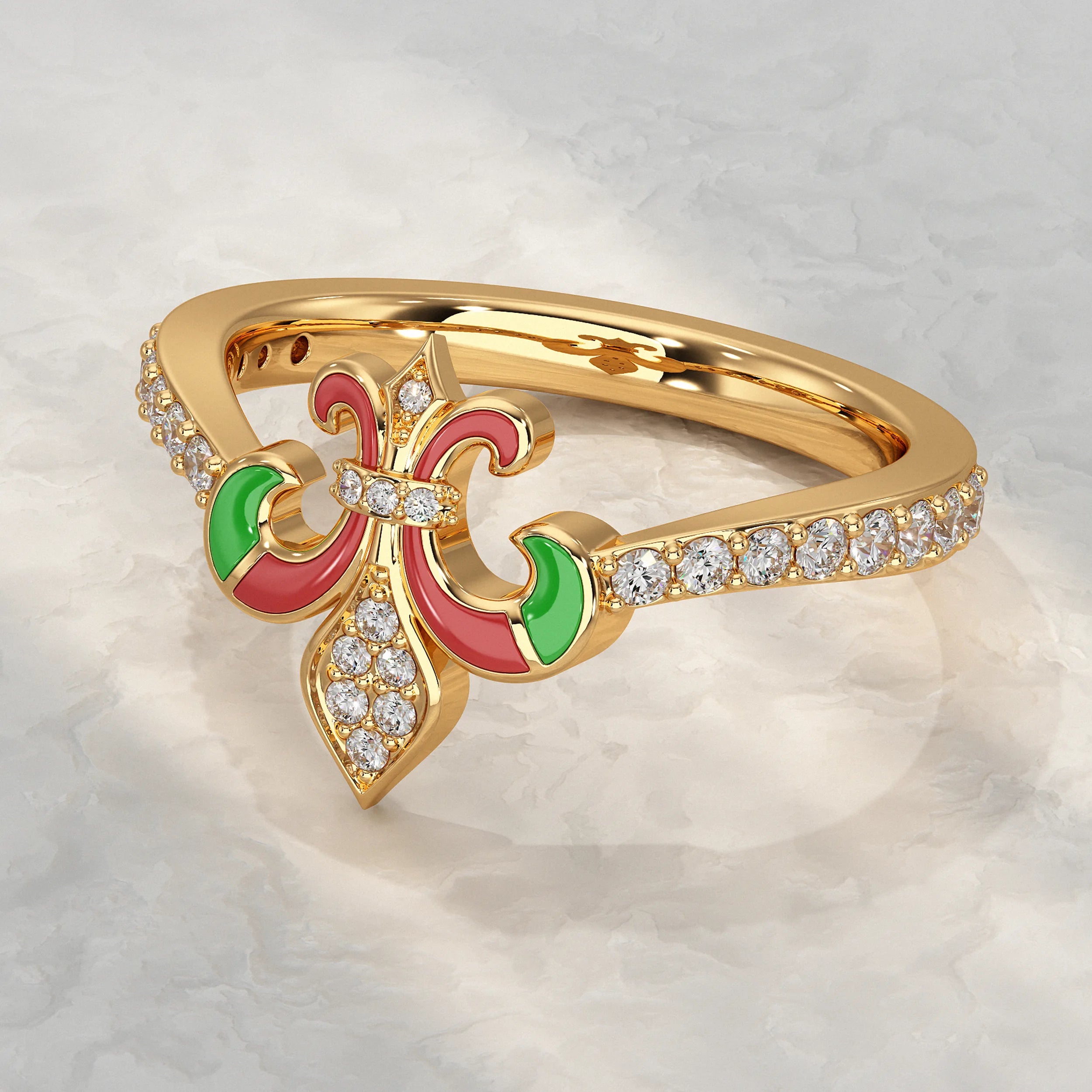 Lab Diamond Red & Green Enamel Fleur-de-Lis Ring
