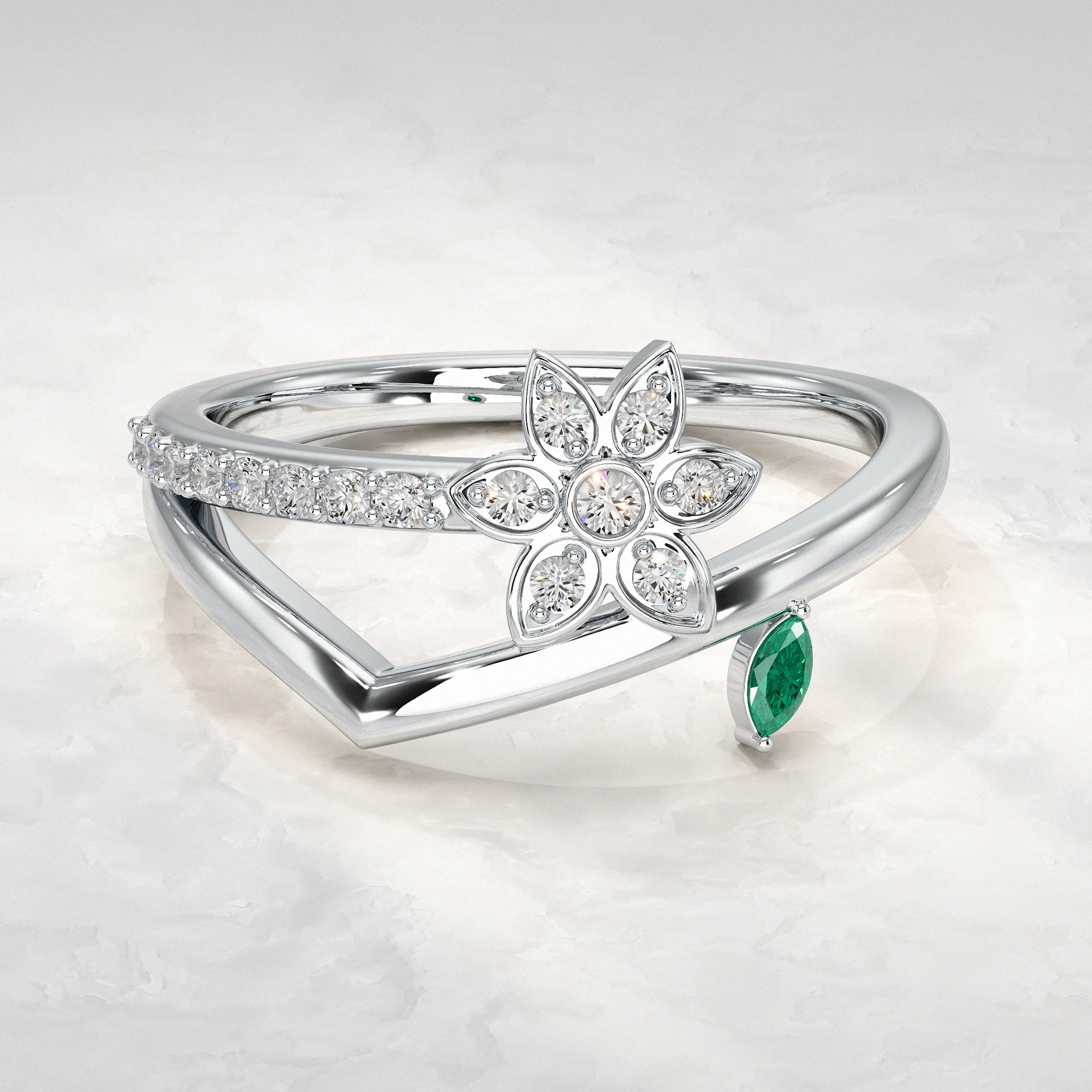 Silver-Ring-with-Diamond-Flower-and-Green-Accents