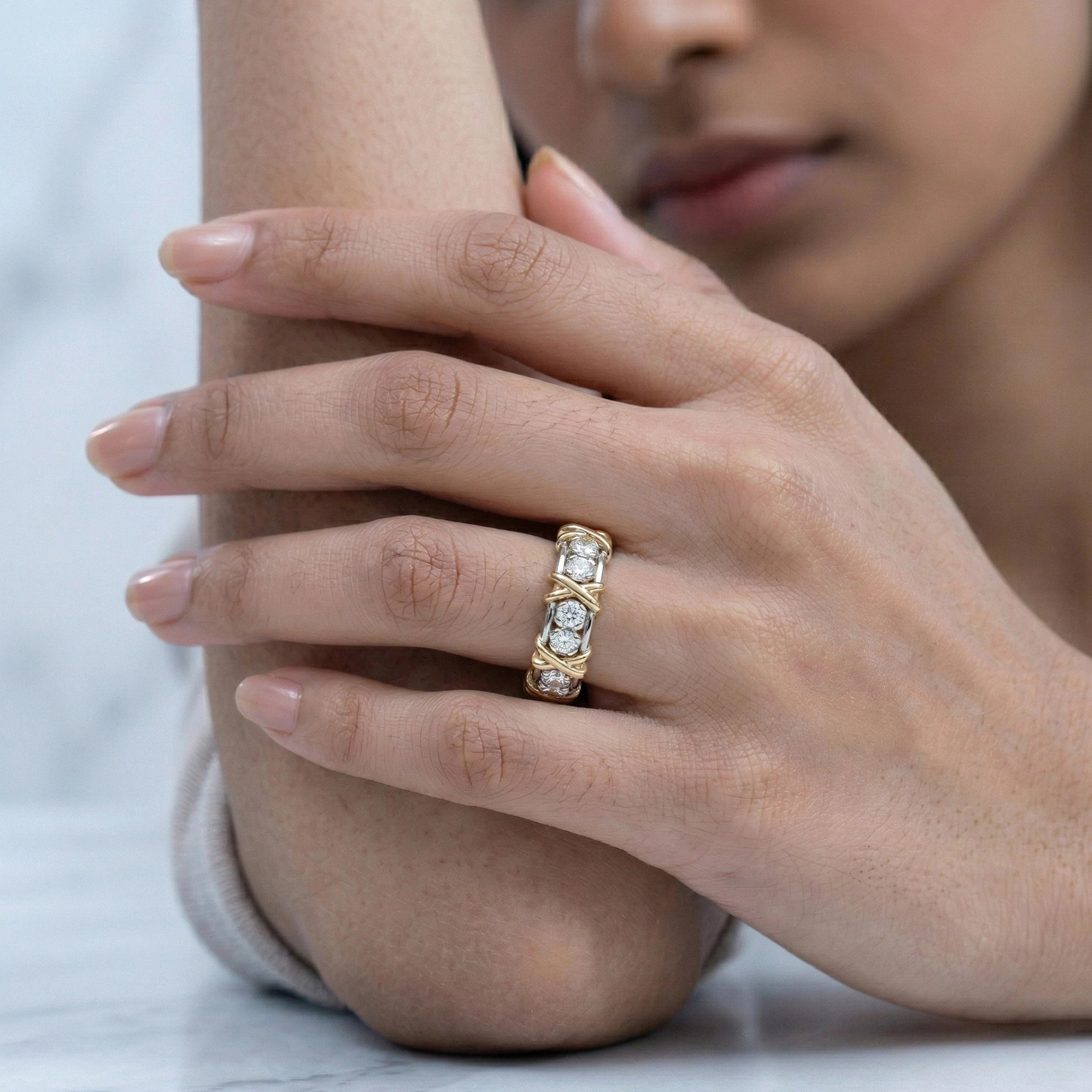 Round Cut Lab Diamond Cross Wedding Band Rings