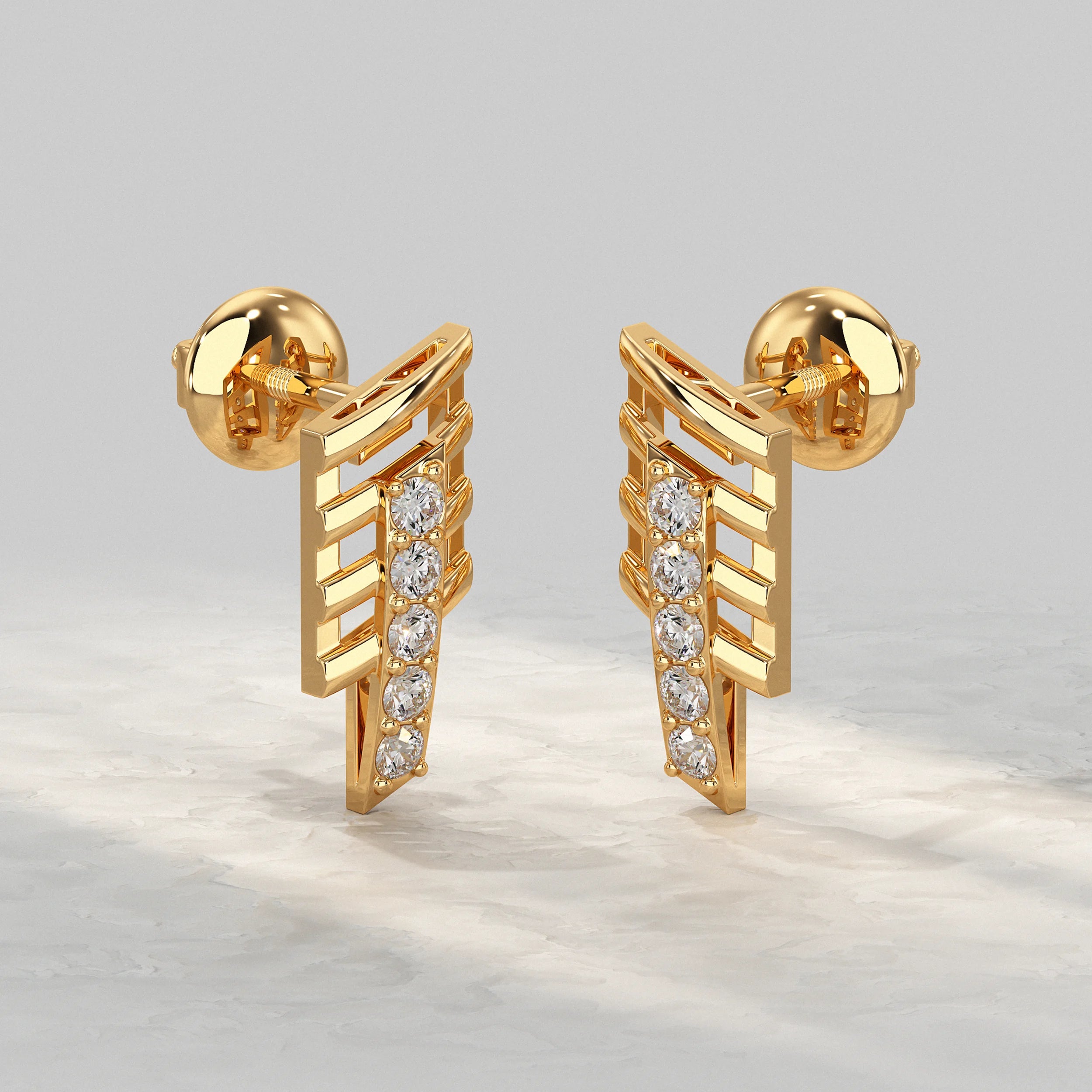 Geometric Open Frame Round Diamond Bar Earrings