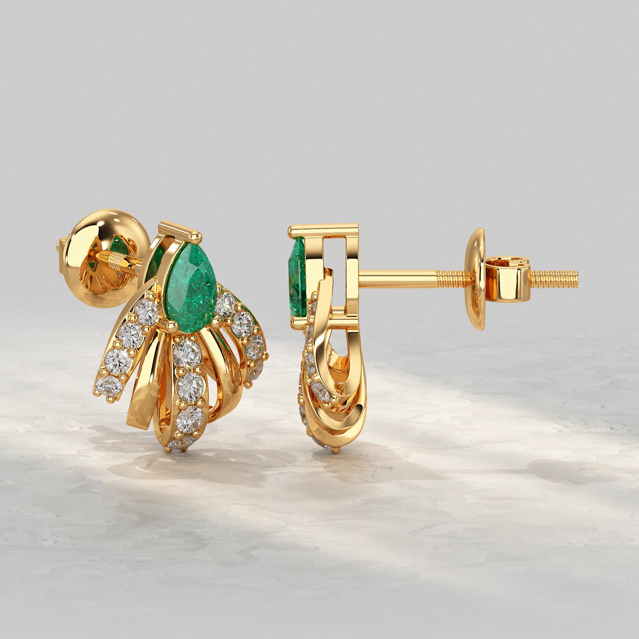 Pear Cut Emerald And Diamond Cluster Stud Earrings