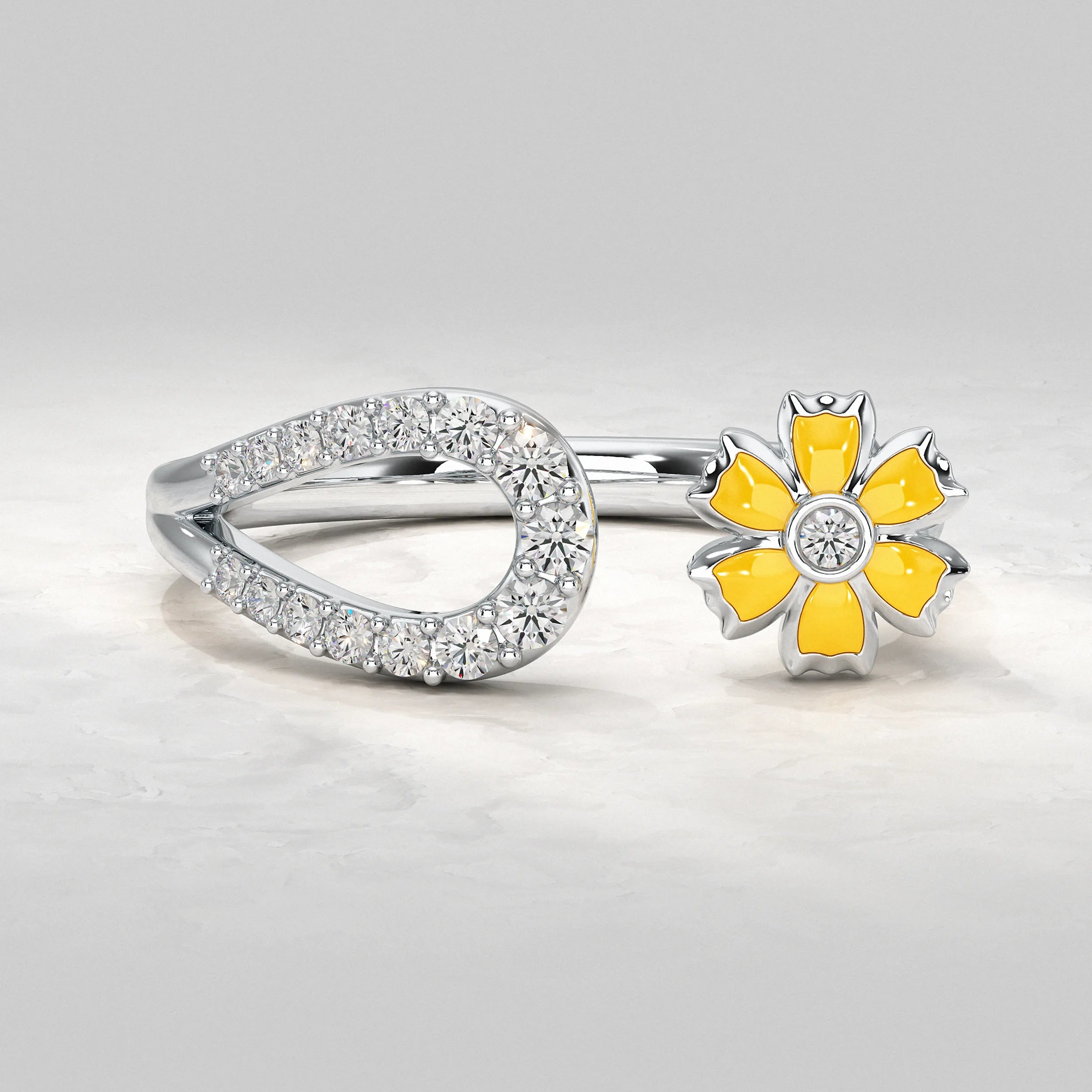 Silver-Ring-with-Yellow-Enamel-Flower-and-Diamond-Band