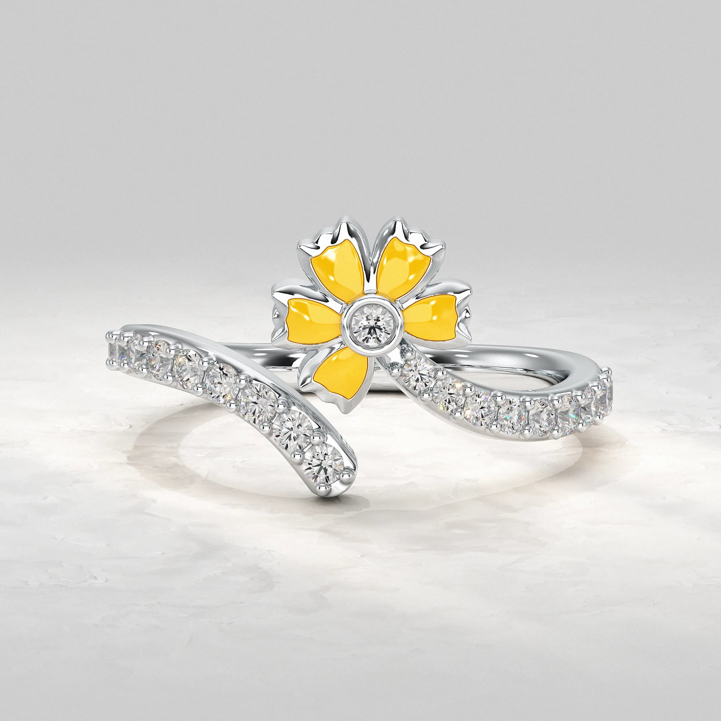 Silver-Ring-with-Yellow-Enamel-Flower-and-Diamond-Band