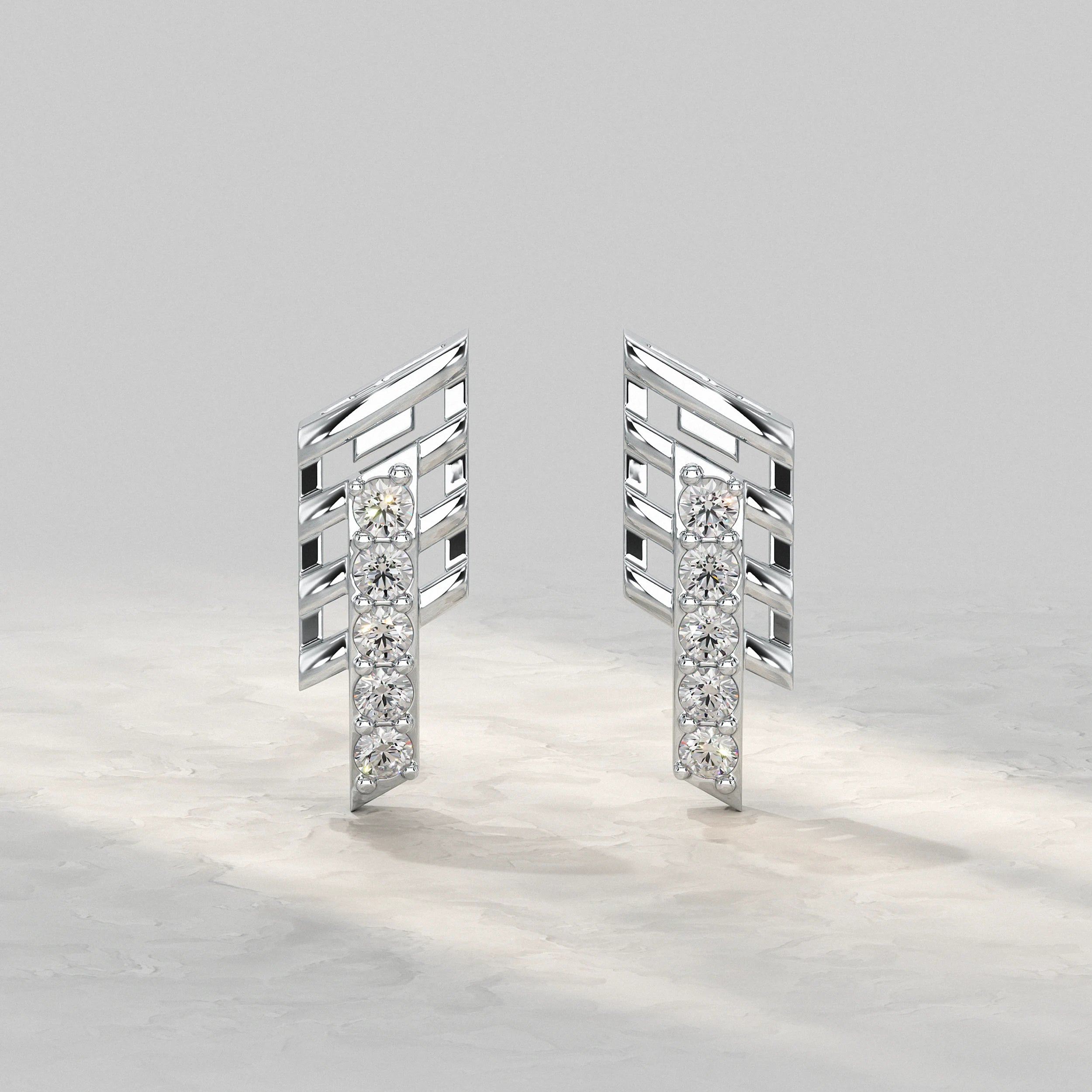 Geometric Open Frame Round Diamond Bar Earrings