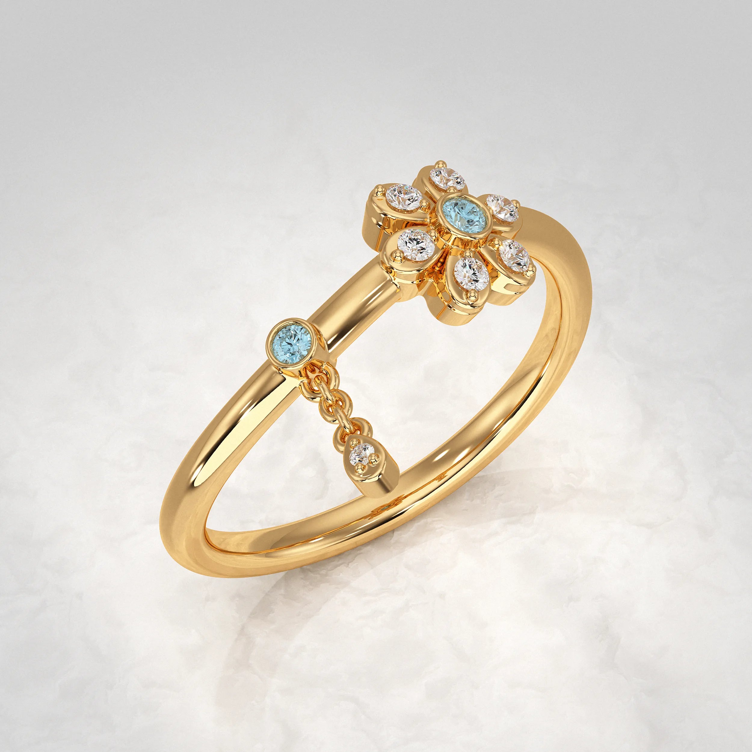 Yellow-Gold-Flower-Ring-With-Round-Cut-Diamonds-And-Chained-Drop-Detail