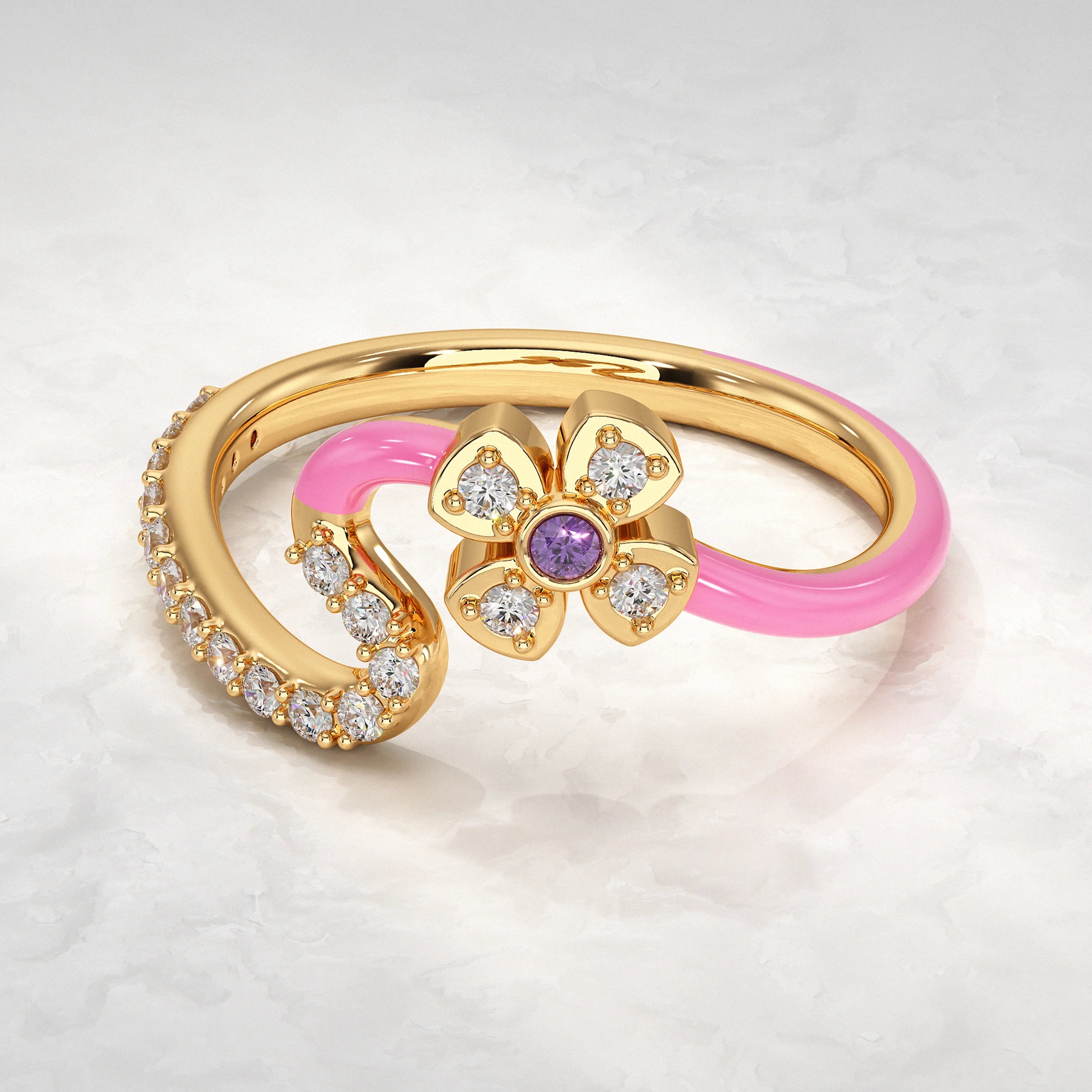 Yellow-Gold-Ring-With-Pink-Enamel-and-Diamond