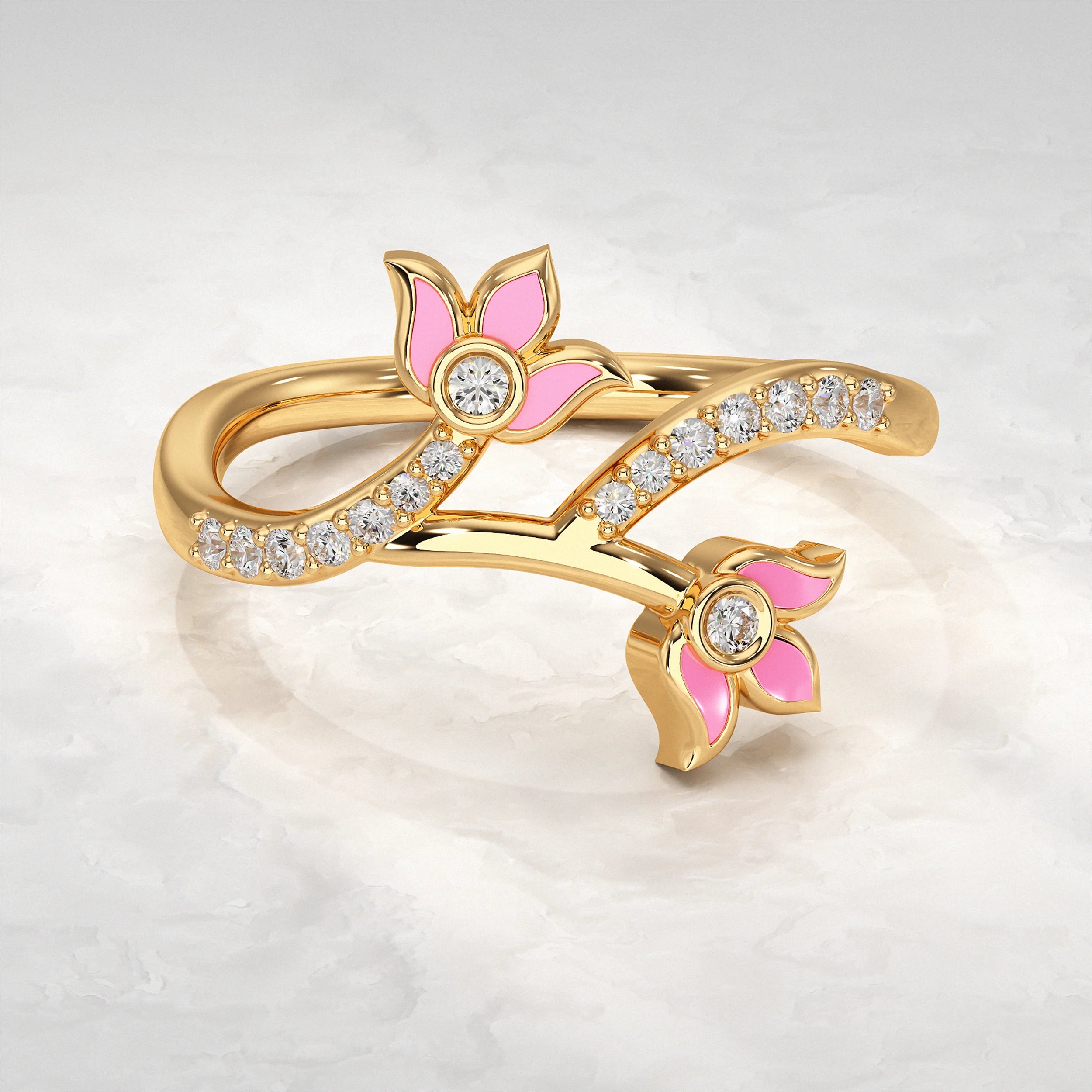 Yellow-Gold-Ring-With-Pink-Enamel-and-Diamond