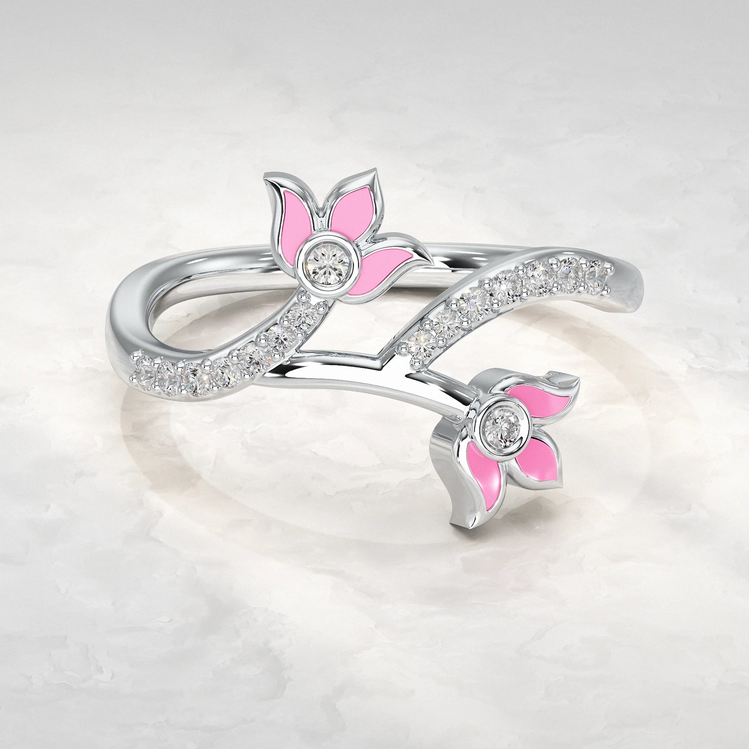 Silver-Ring-With-Pink-Enamel-and-Round-Diamond