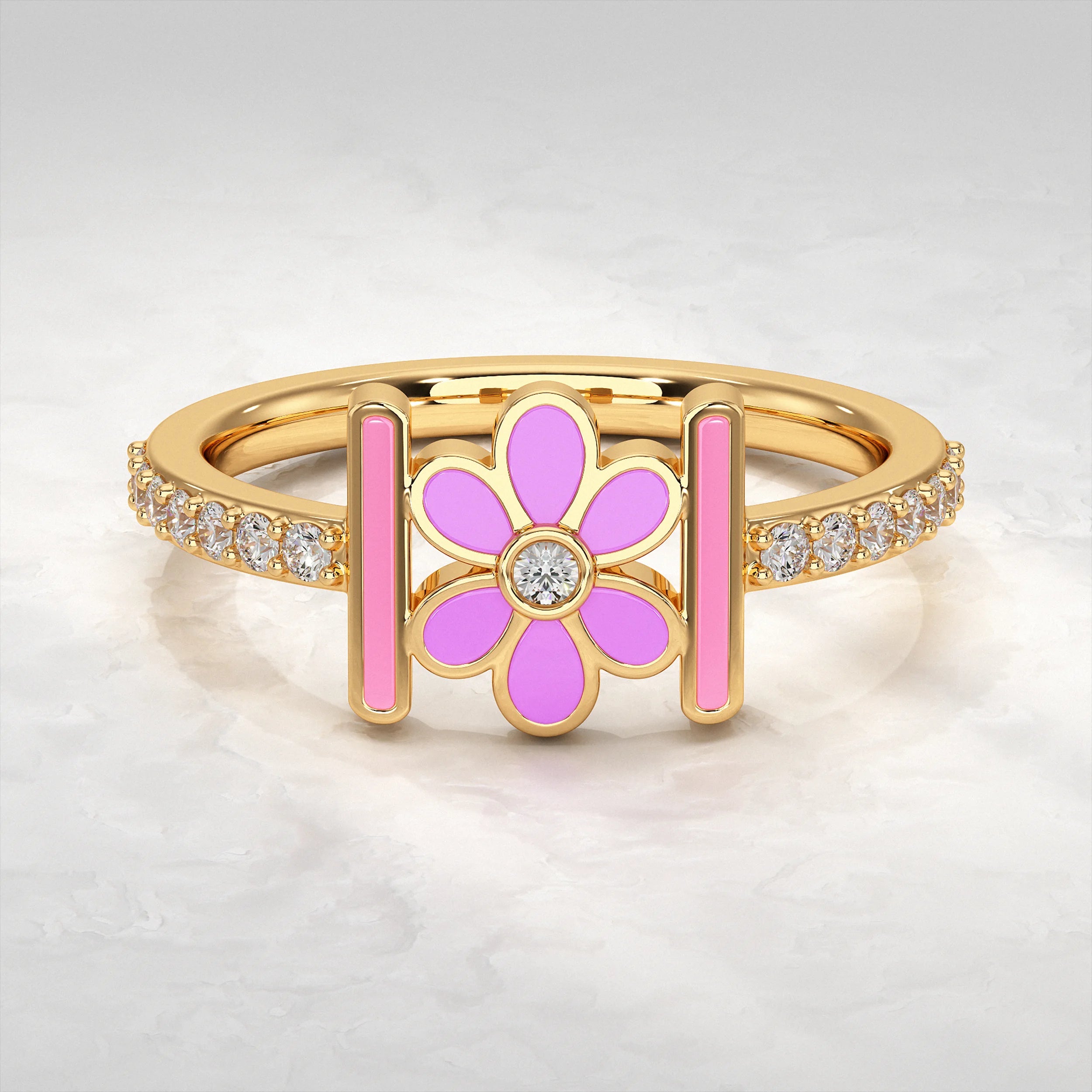 Yellow-Gold-Ring-With-Pink-Enamel-and-Diamond
