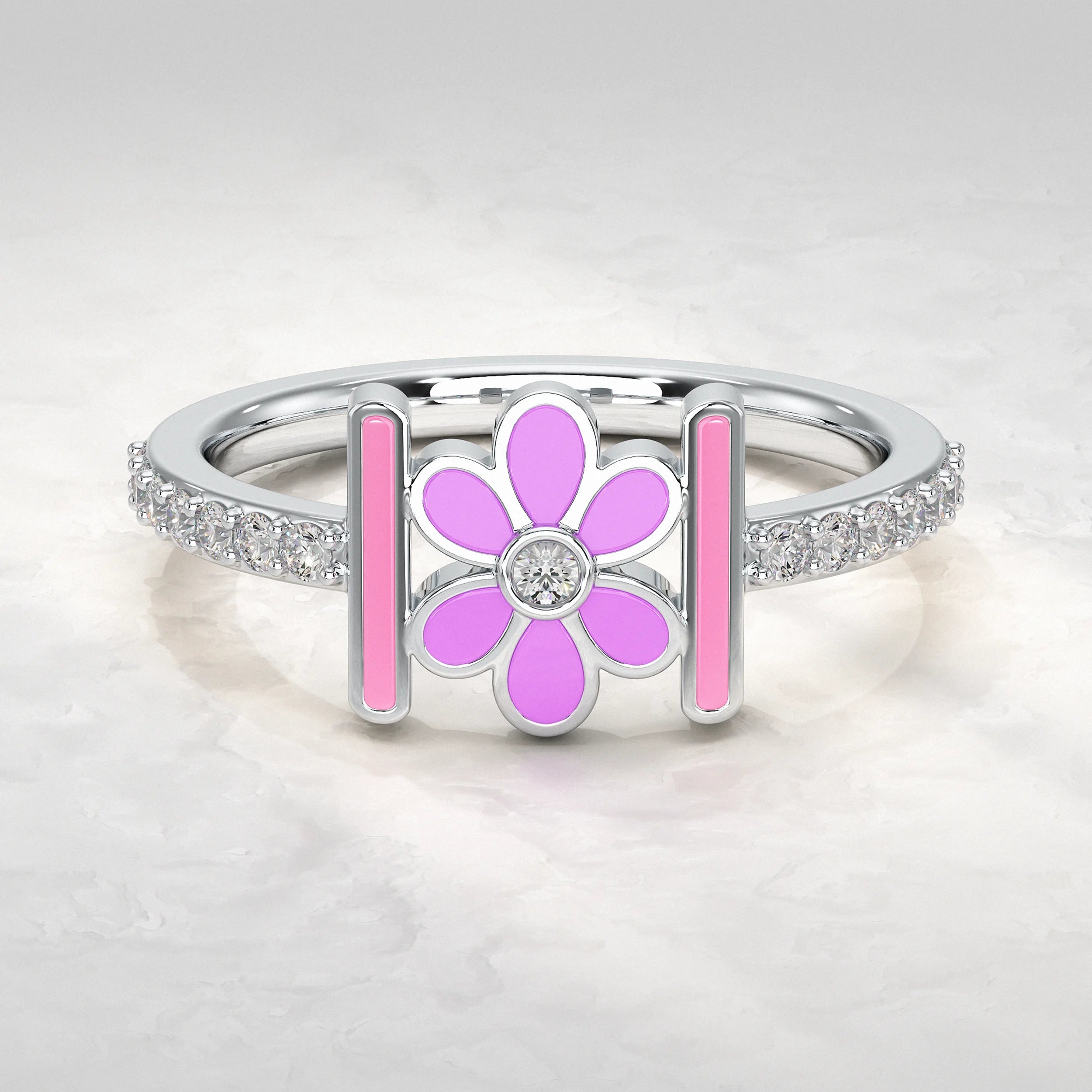 Silver-Ring-With-Pink-Enamel-and-Round-Diamond