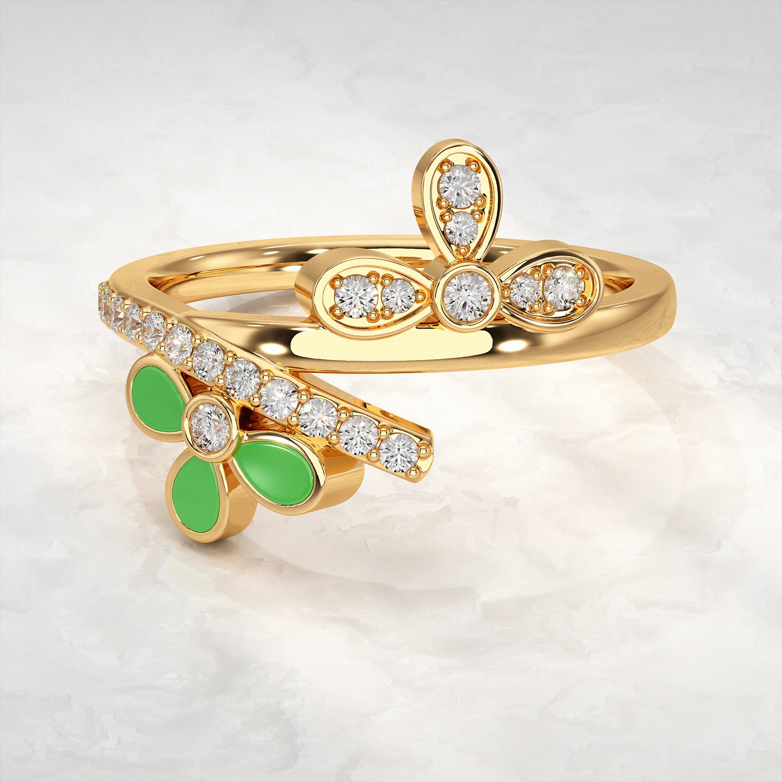 Yellow-Gold-Ring-with-Diamond-and-Green-Enamel-Flower
