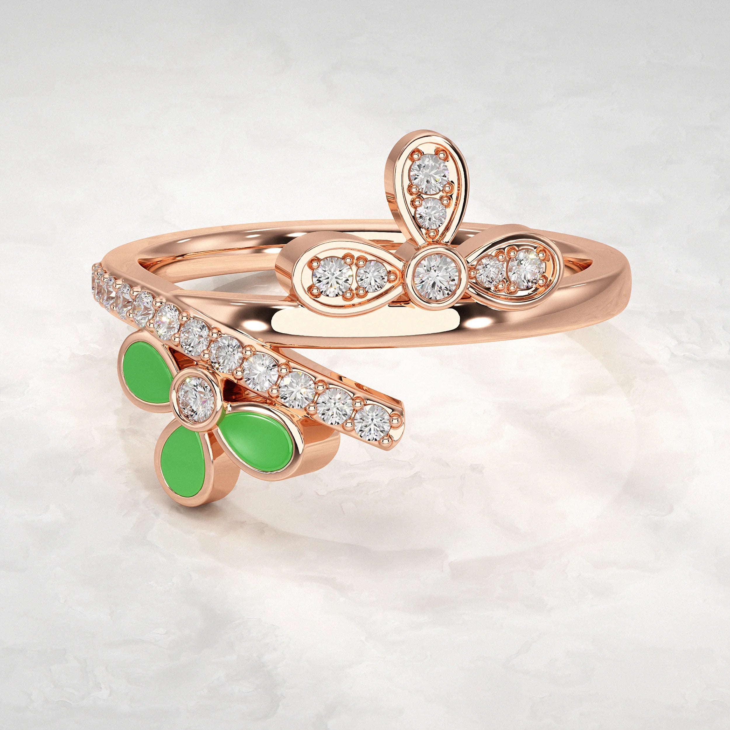 Rose-Gold-Ring-with-Diamond-and-Green-Petal-Design
