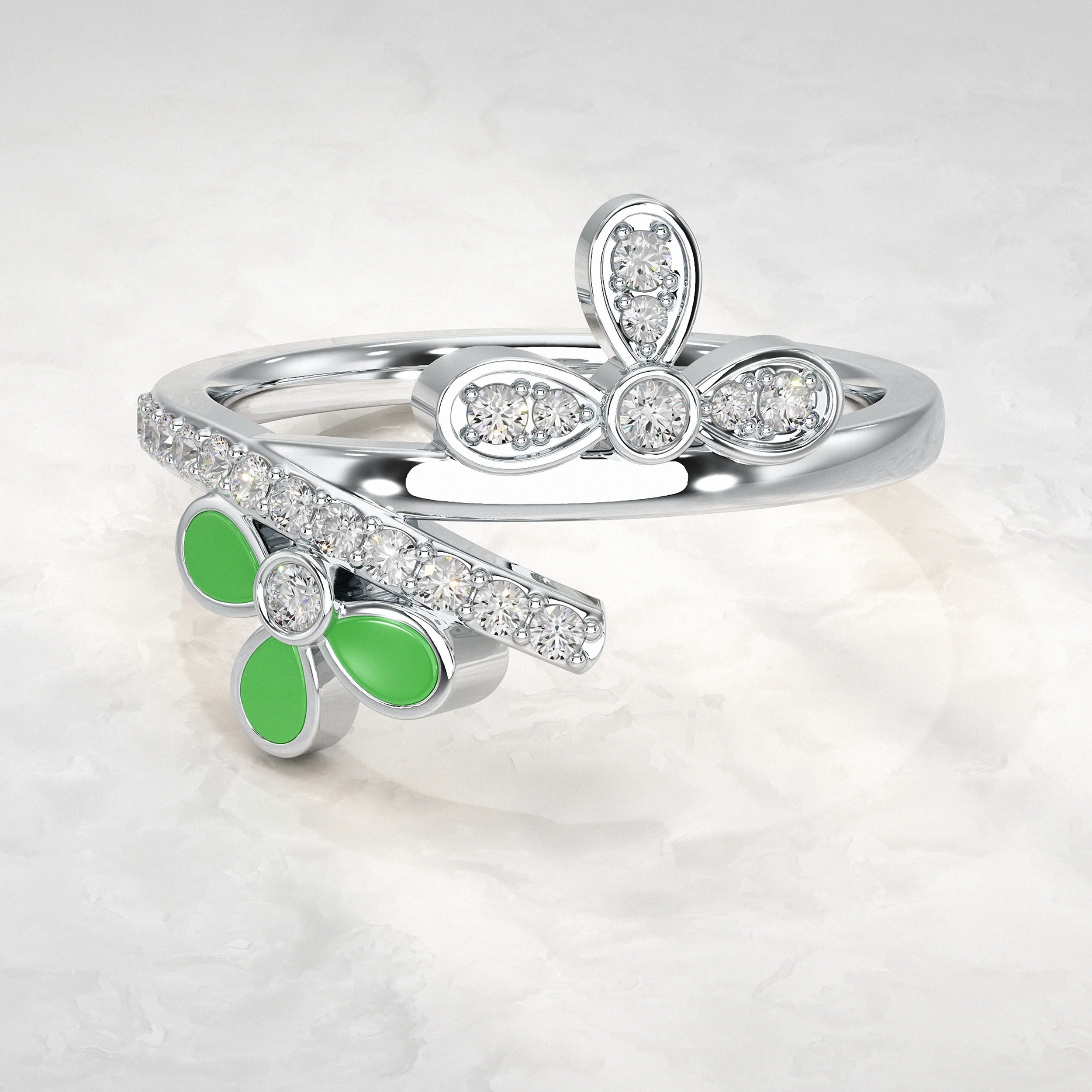Silver-Ring-with-Diamond-and-Green-Flower-Accents