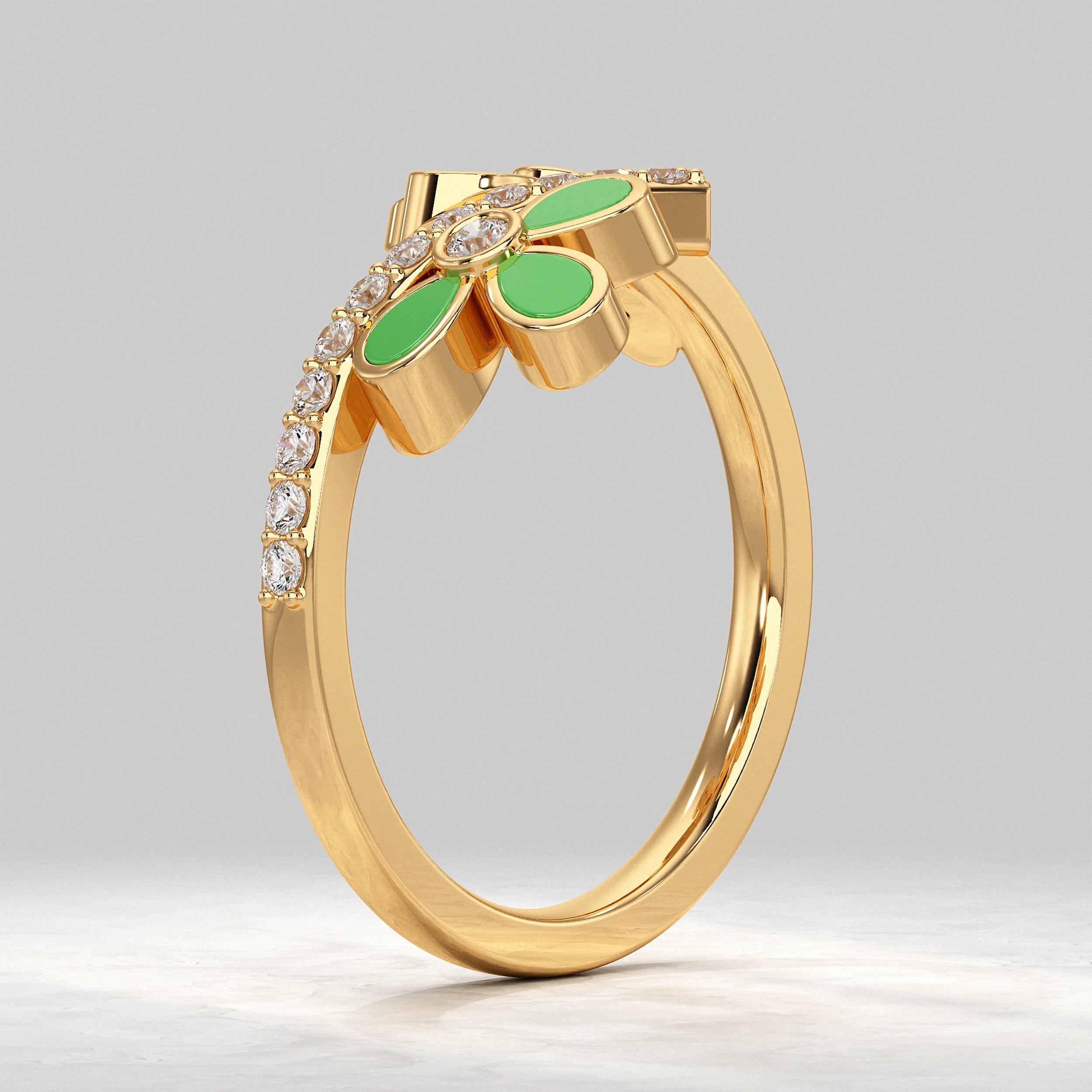 Yellow-Gold-Ring-with-Green-Enamel-And-Round -Lab-Diamond