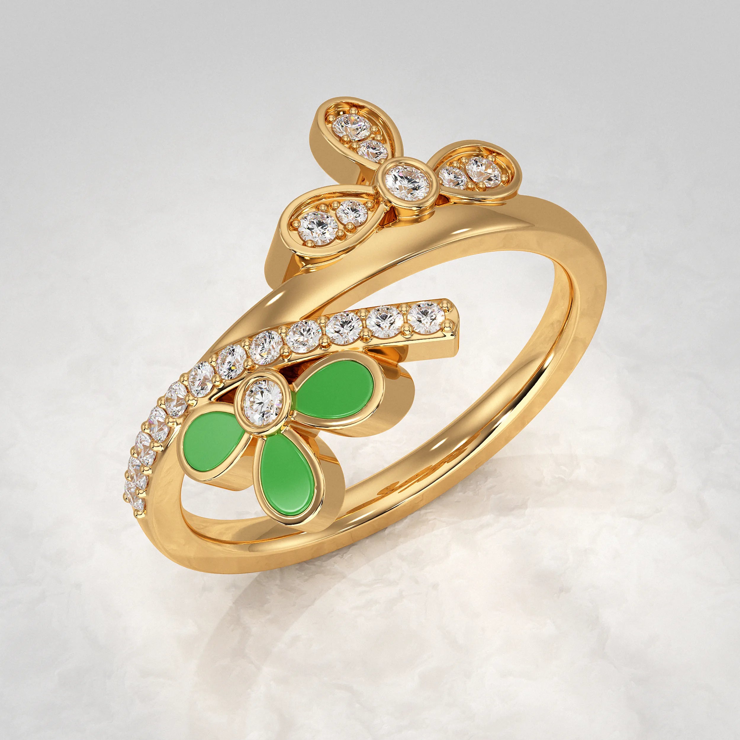 Yellow-Gold-Ring-with-Green-Enamel-Flower-and-Diamond