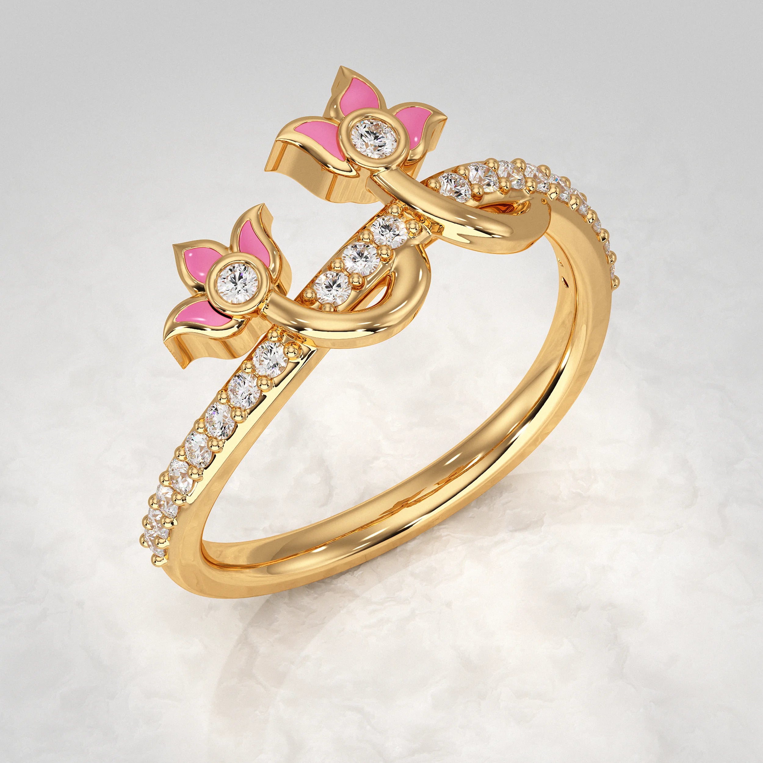 Yellow-Gold-Ring-with-Two-Pink-Enamel-and-Diamond