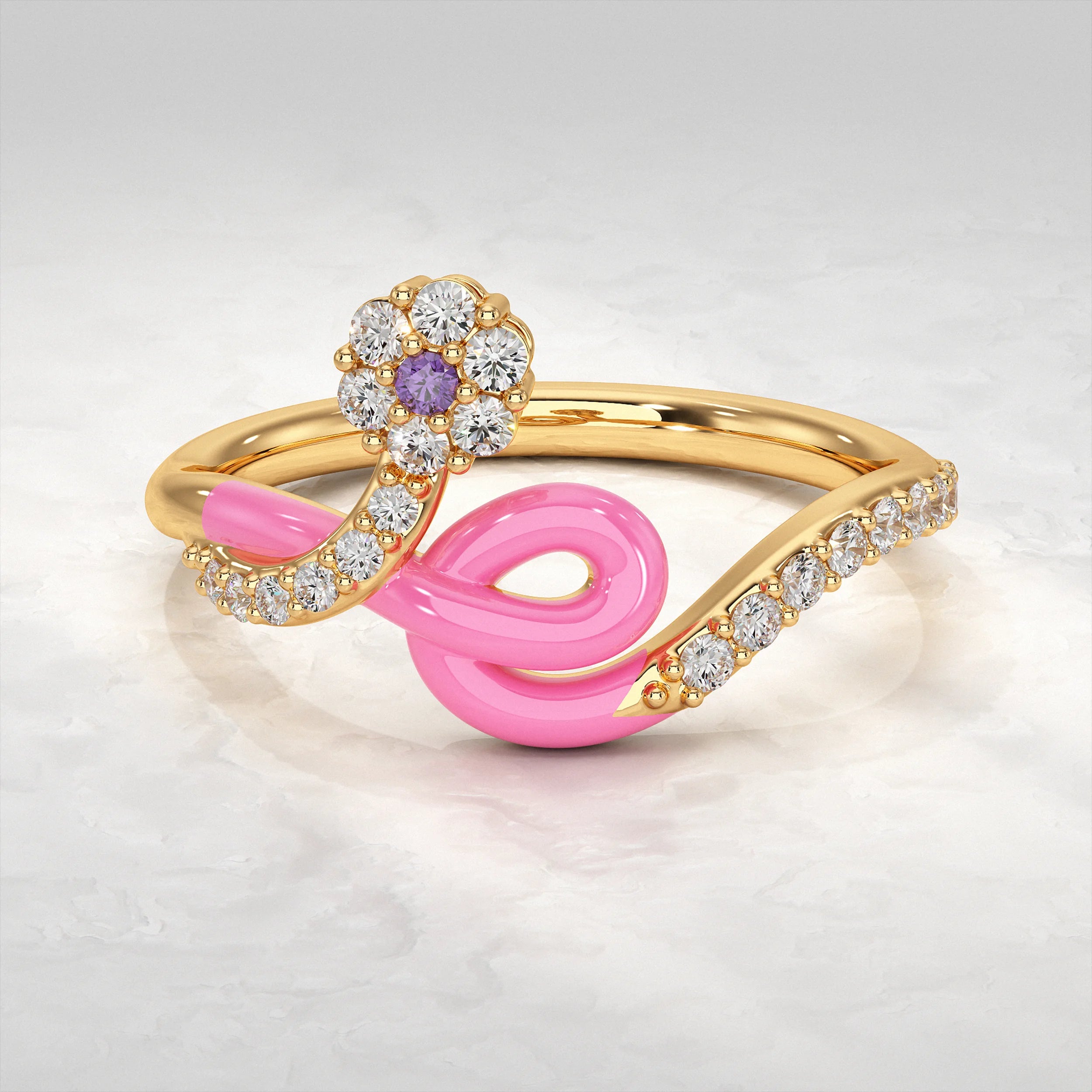Yellow-Gold-Ring-with-Pink-Enamel-and-Diamonds
