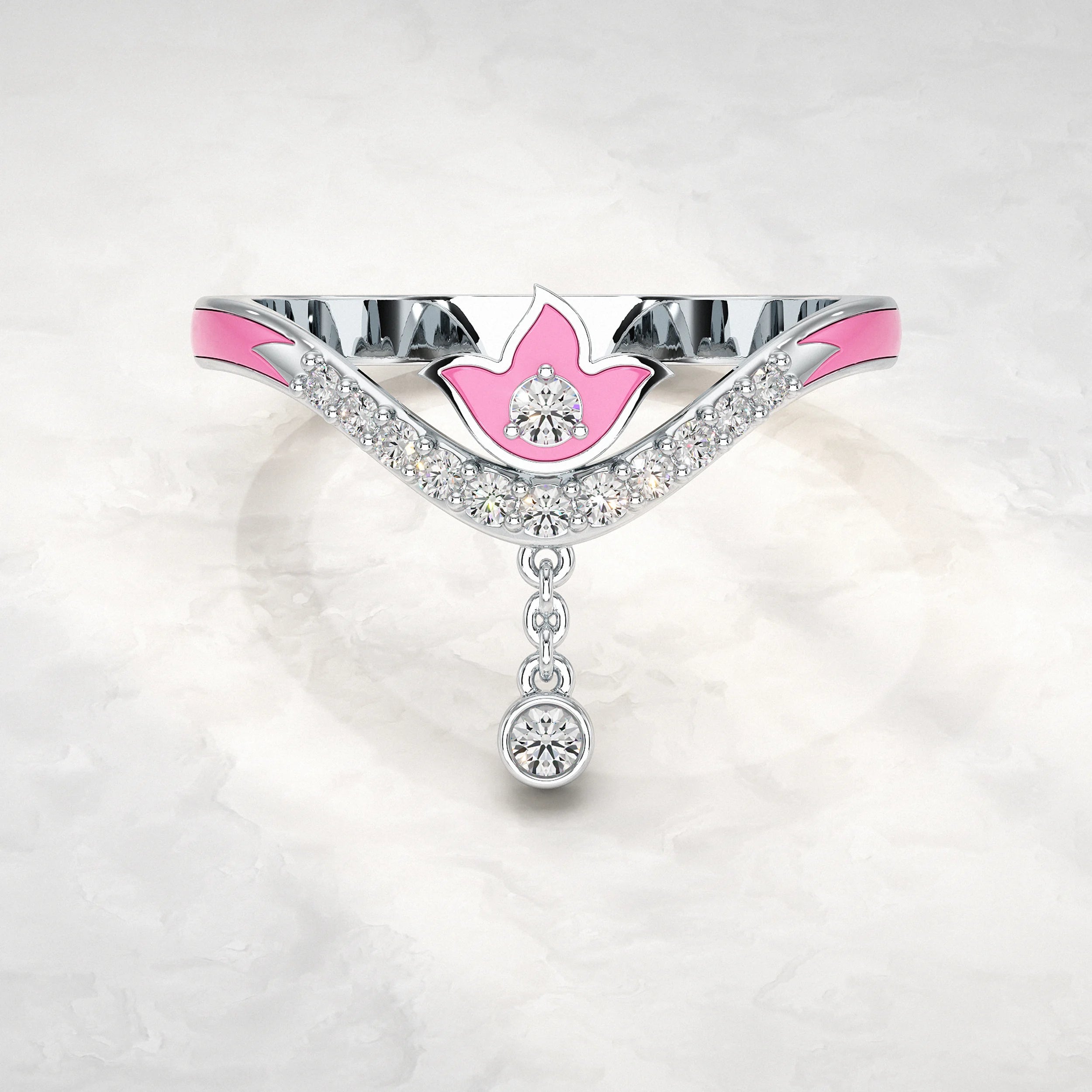Silver-Ring-With-Pink-Enamel-and-Round-Diamond
