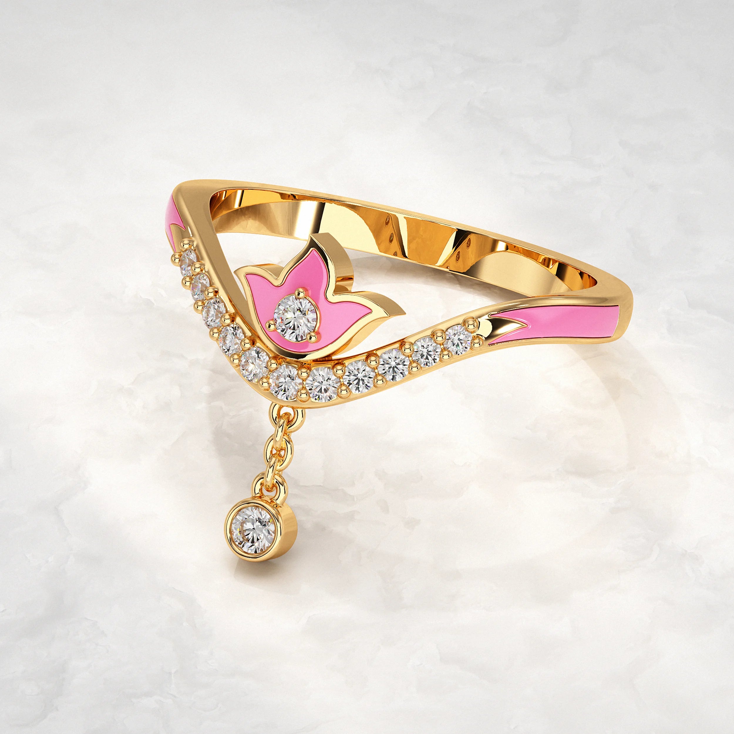 Yellow-Gold-Ring-With-Flower-and-Diamond-Drop
