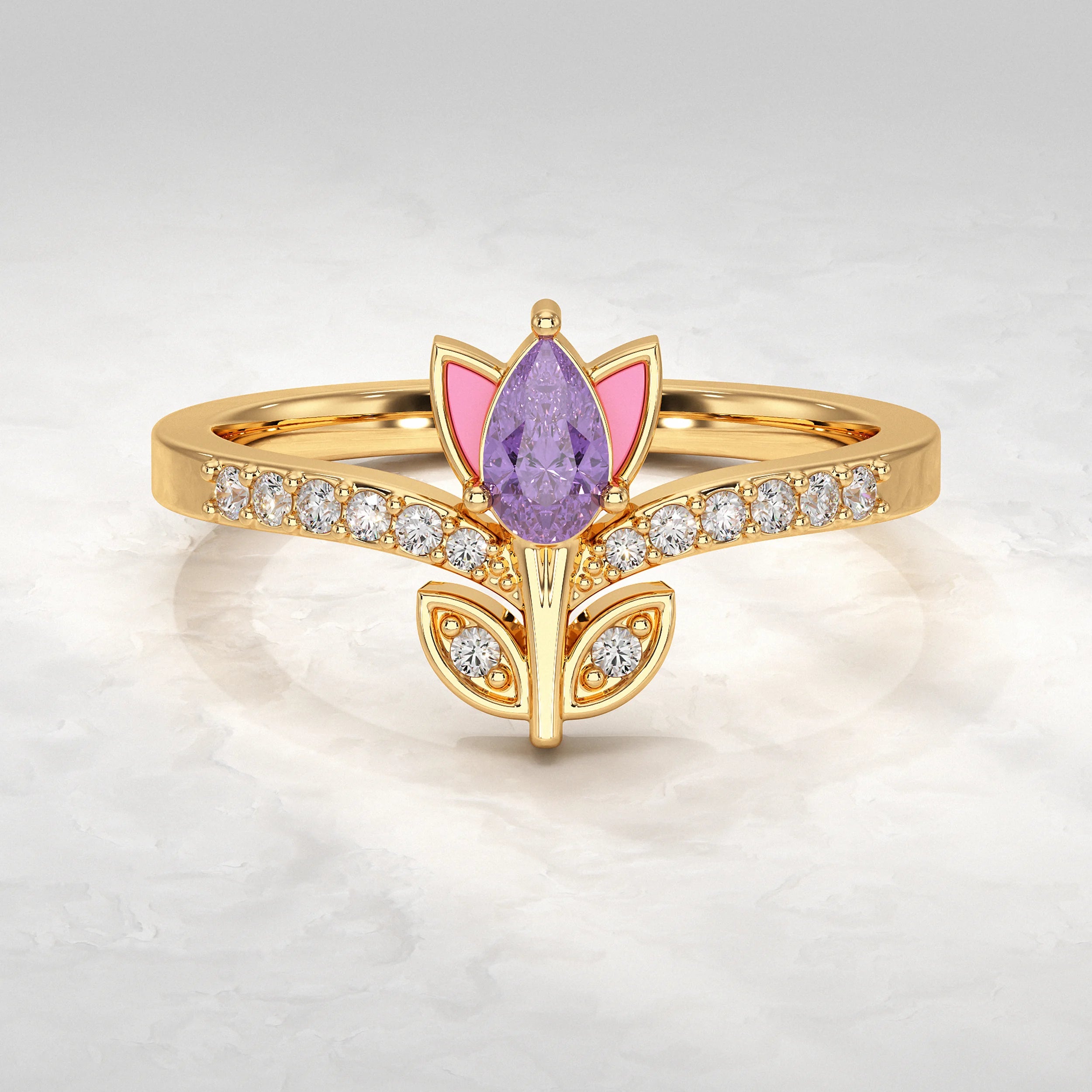 Yellow-Gold-Ring-With-Purple-Gemstone-and-Pink-Enamel