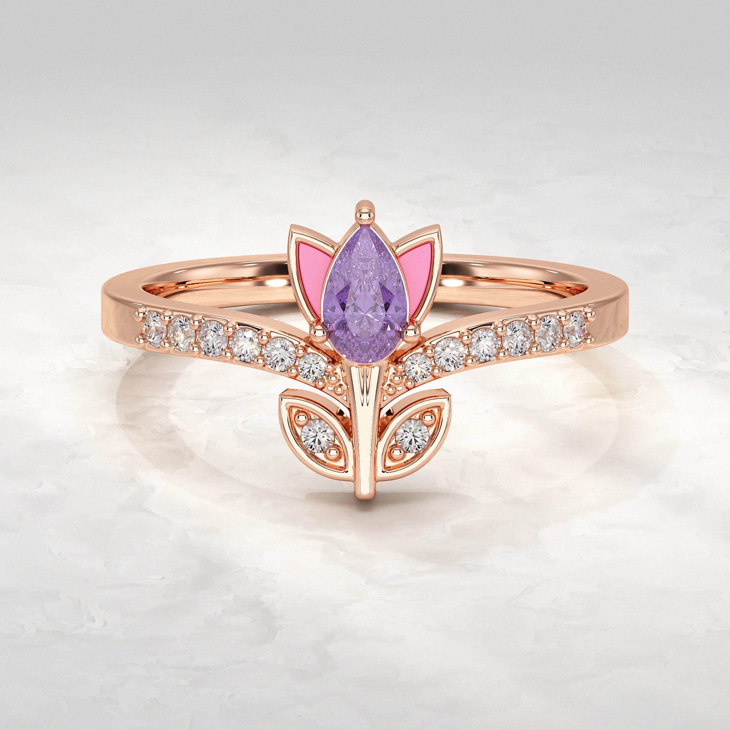 Rose-Gold-Floral-Ring-With-Purple-Stone-and-Pink-Petal