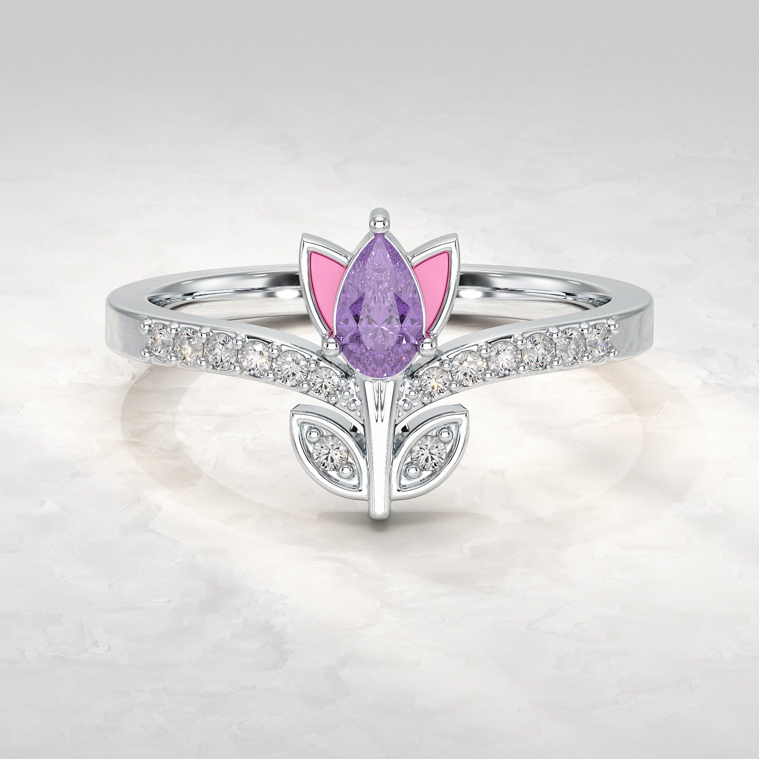 Silver-Ring-With-Pear-Shaped-Purple-Stone-and-Diamonds