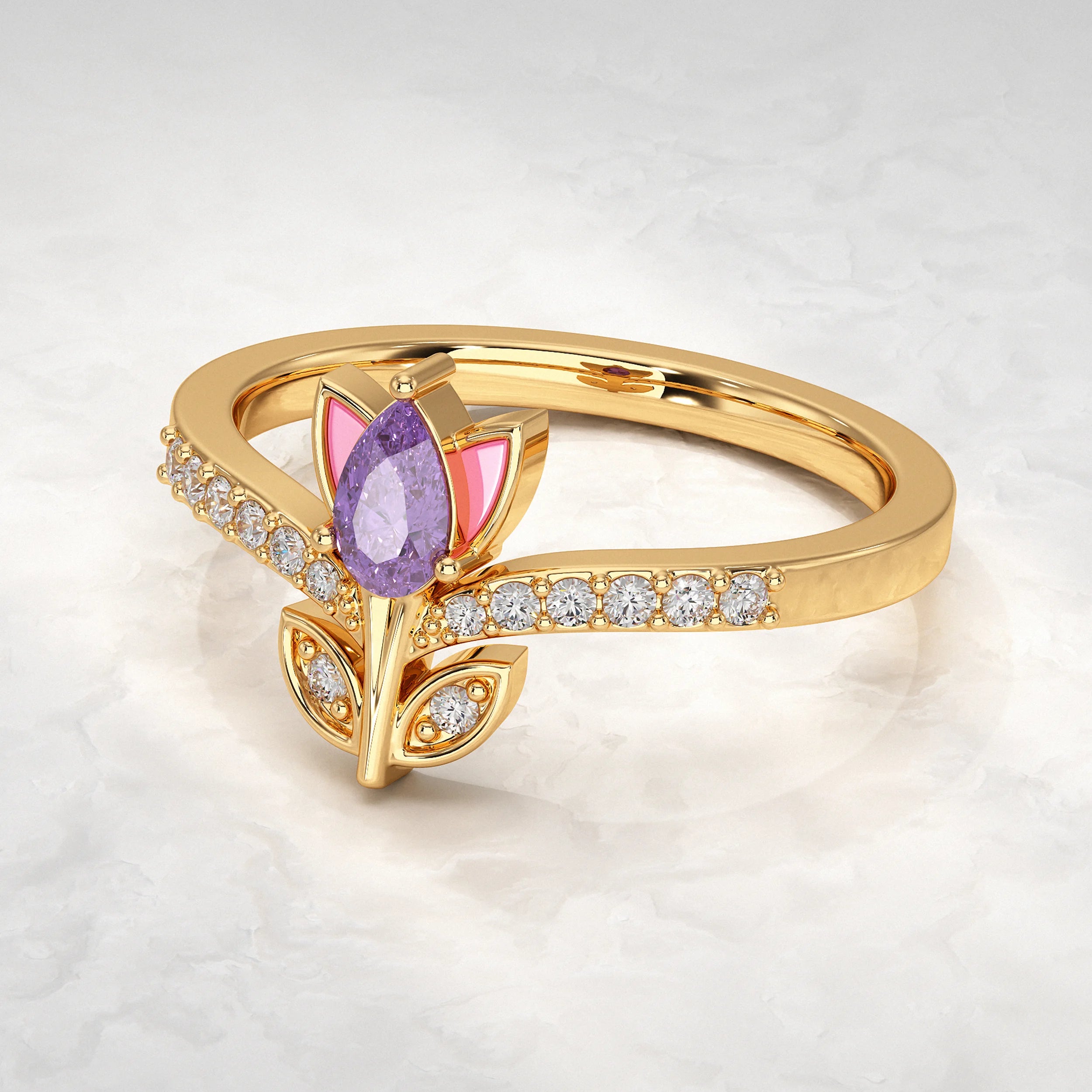 Yellow-Gold-Ring-With-Purple-Center-Stone-and-Diamond-Accent