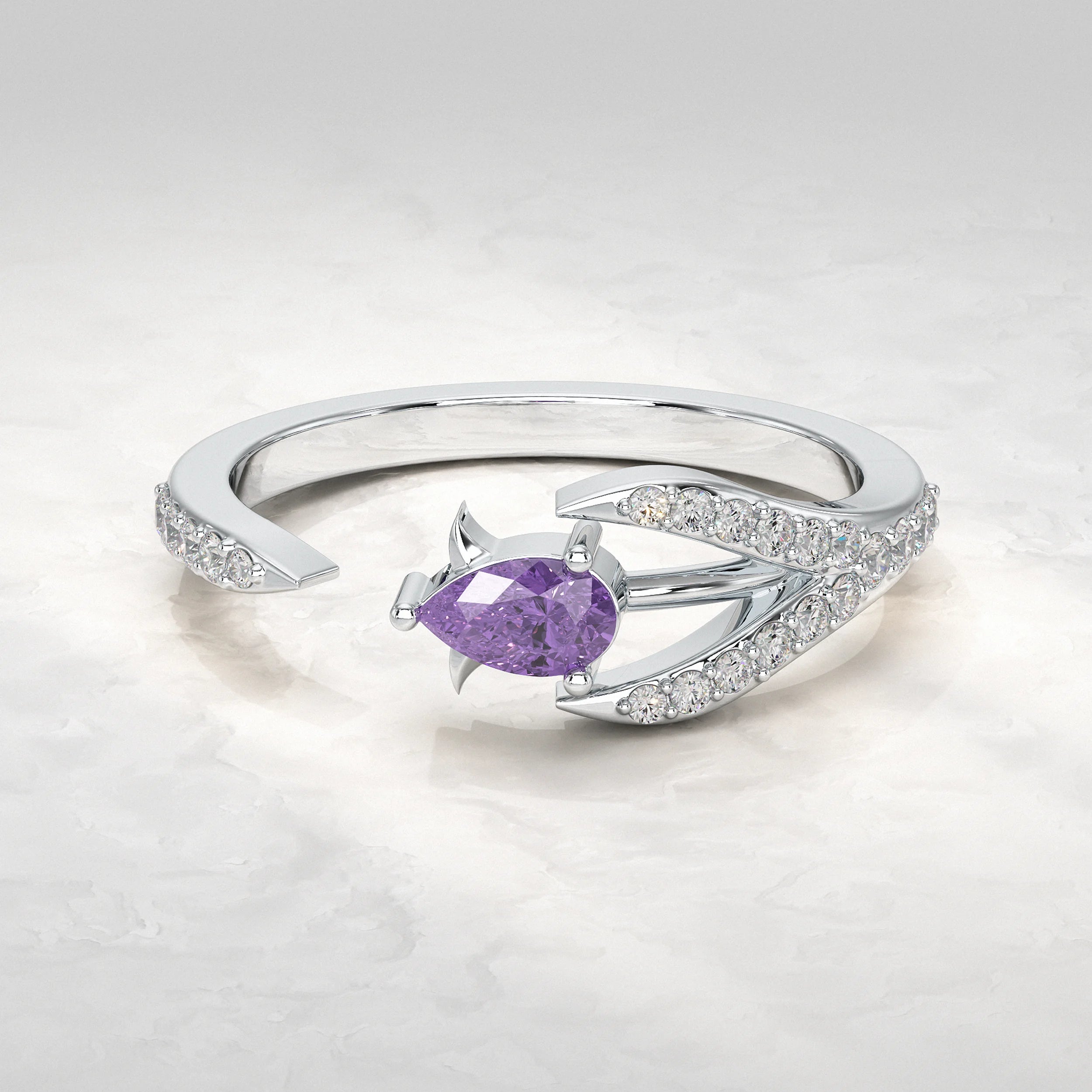 Silver-Ring-With-Pear-Shaped-Purple-Stone-and-Diamond
