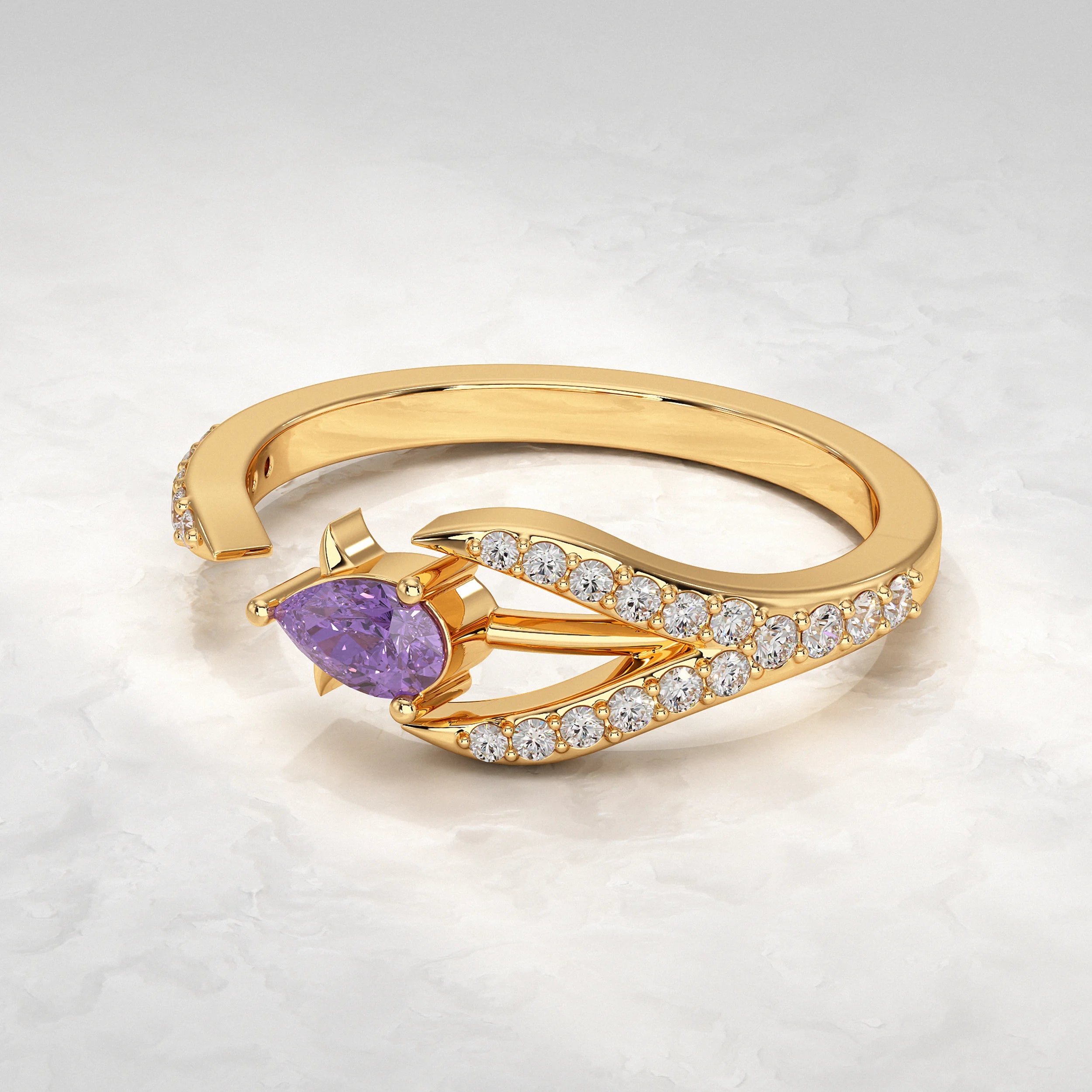Yellow-Gold-Ring-With-Purple-Center-Stone-and-Diamond-Accent