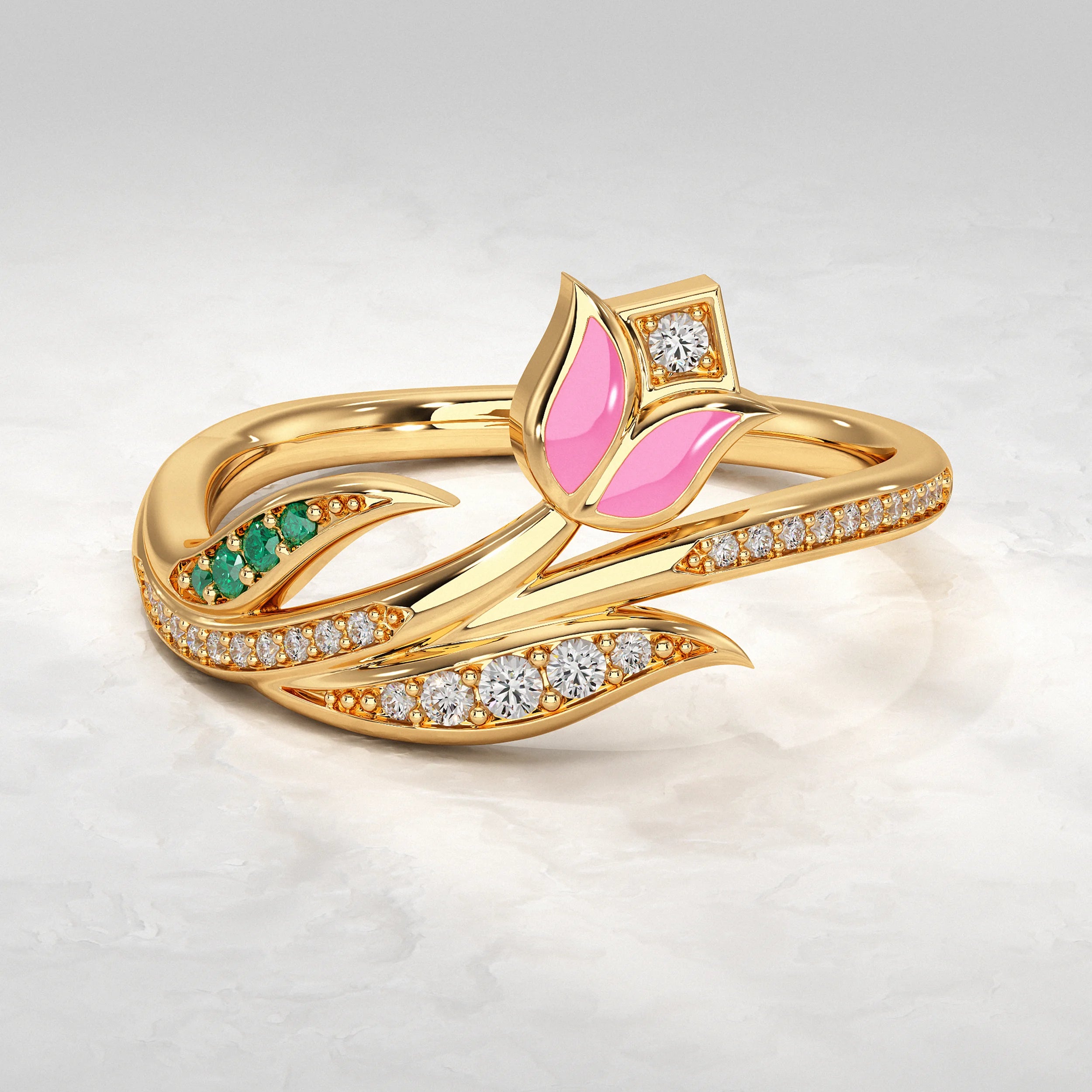 Yellow-Gold-Ring-With-Pink-Enamel-and-Diamond