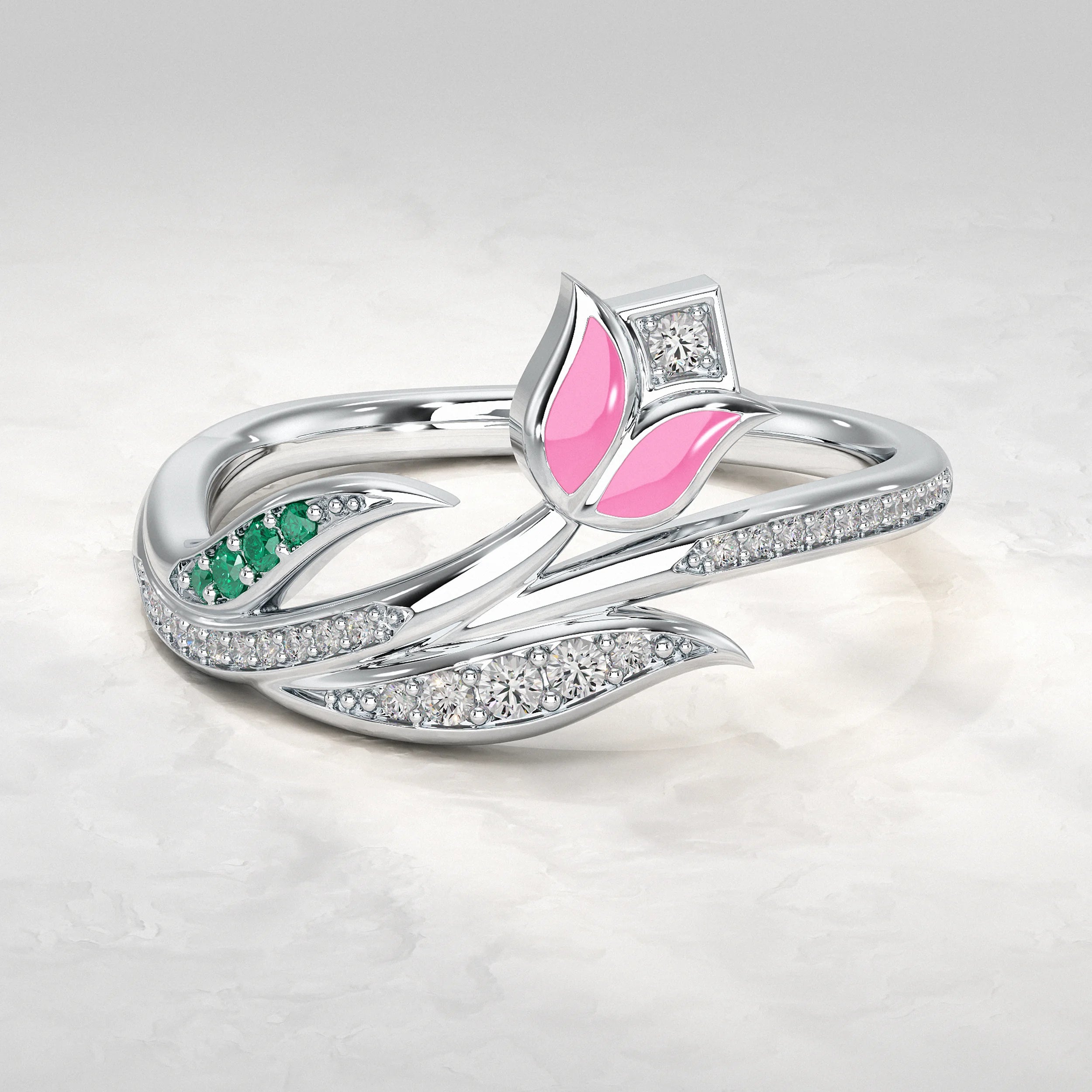 Silver-Ring-With-Pink-Enamel-and-Round-Diamond