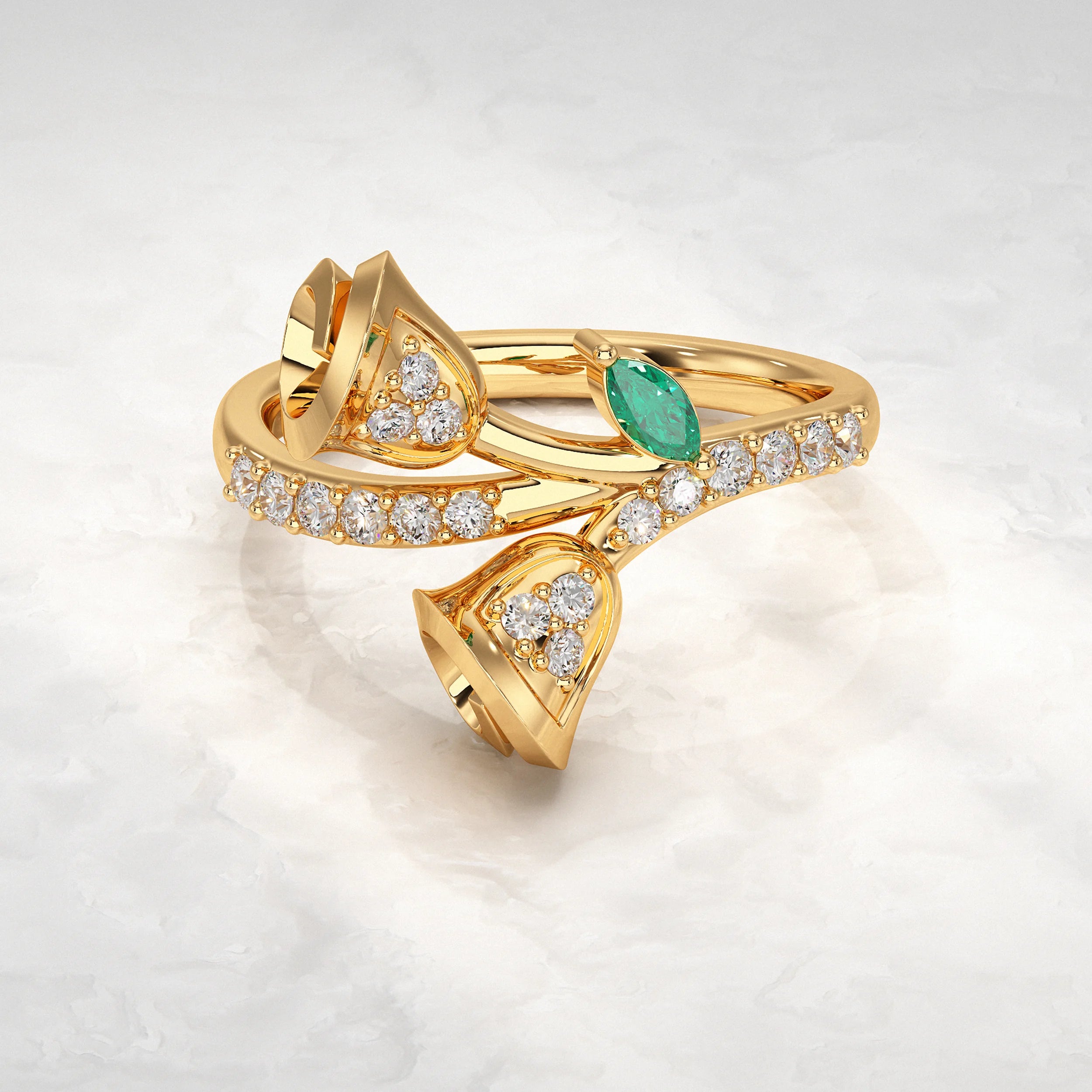 Yellow-Gold-Ring-with-Diamond-and-Green-Enamel-Leaf