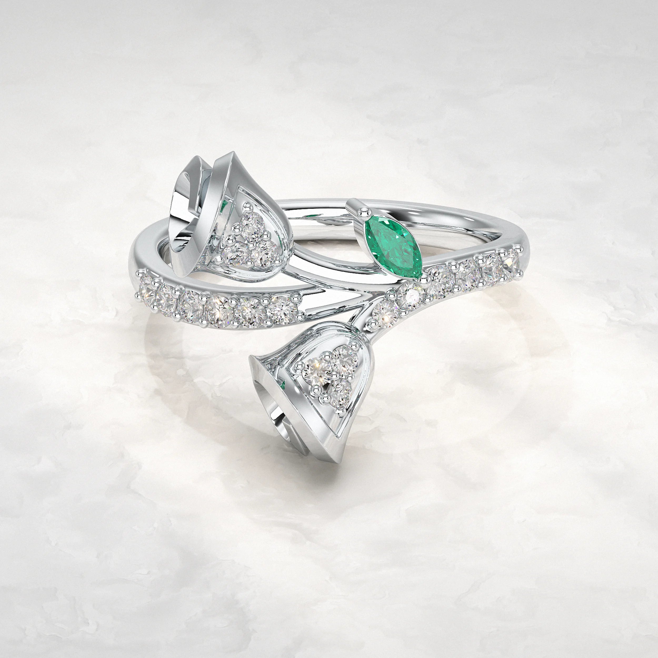 Silver-Ring-with-Diamonds-and-Green-Leaf-Accents