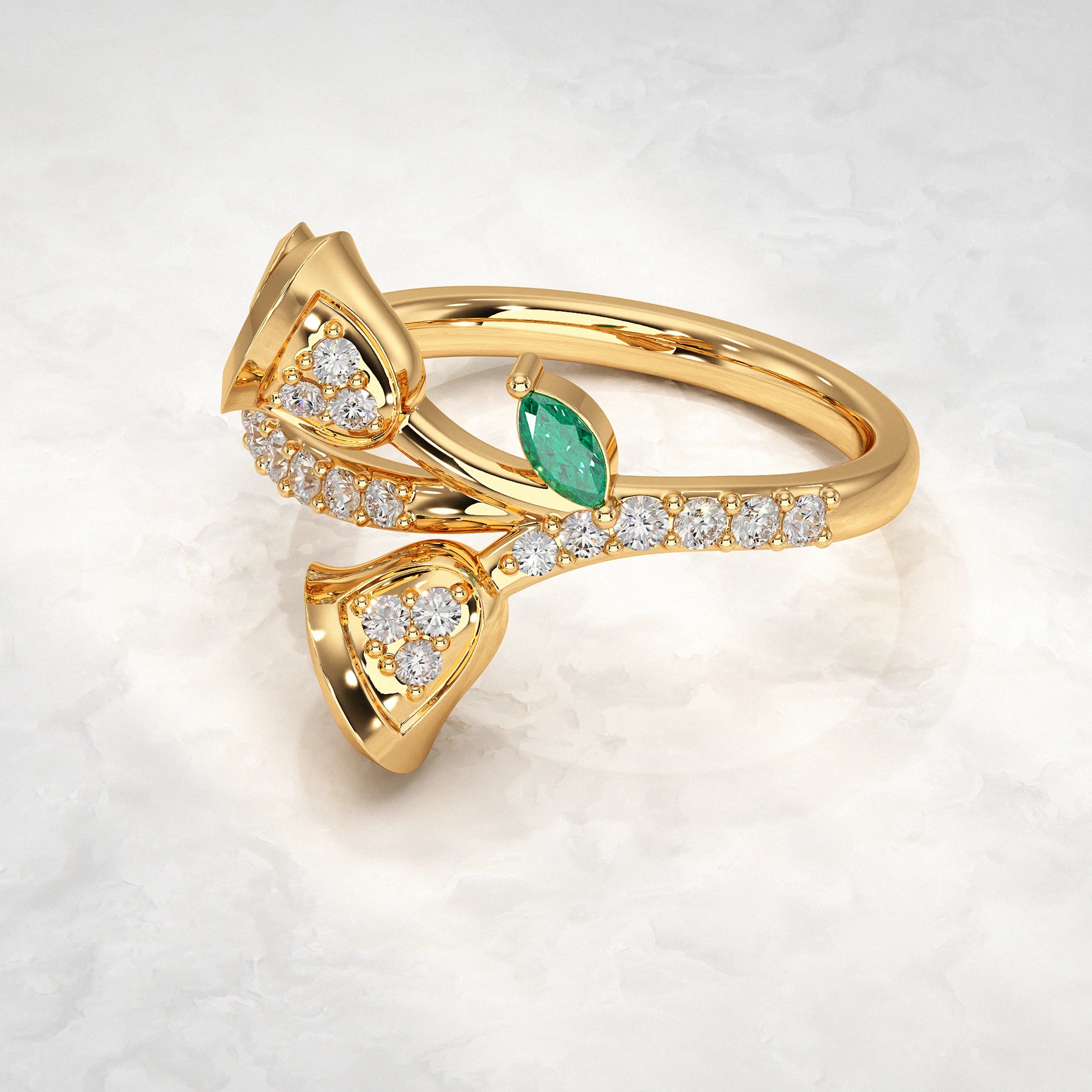 Elegant-Gold-Ring-with-Diamonds-and-Green-Enamel-Leaf