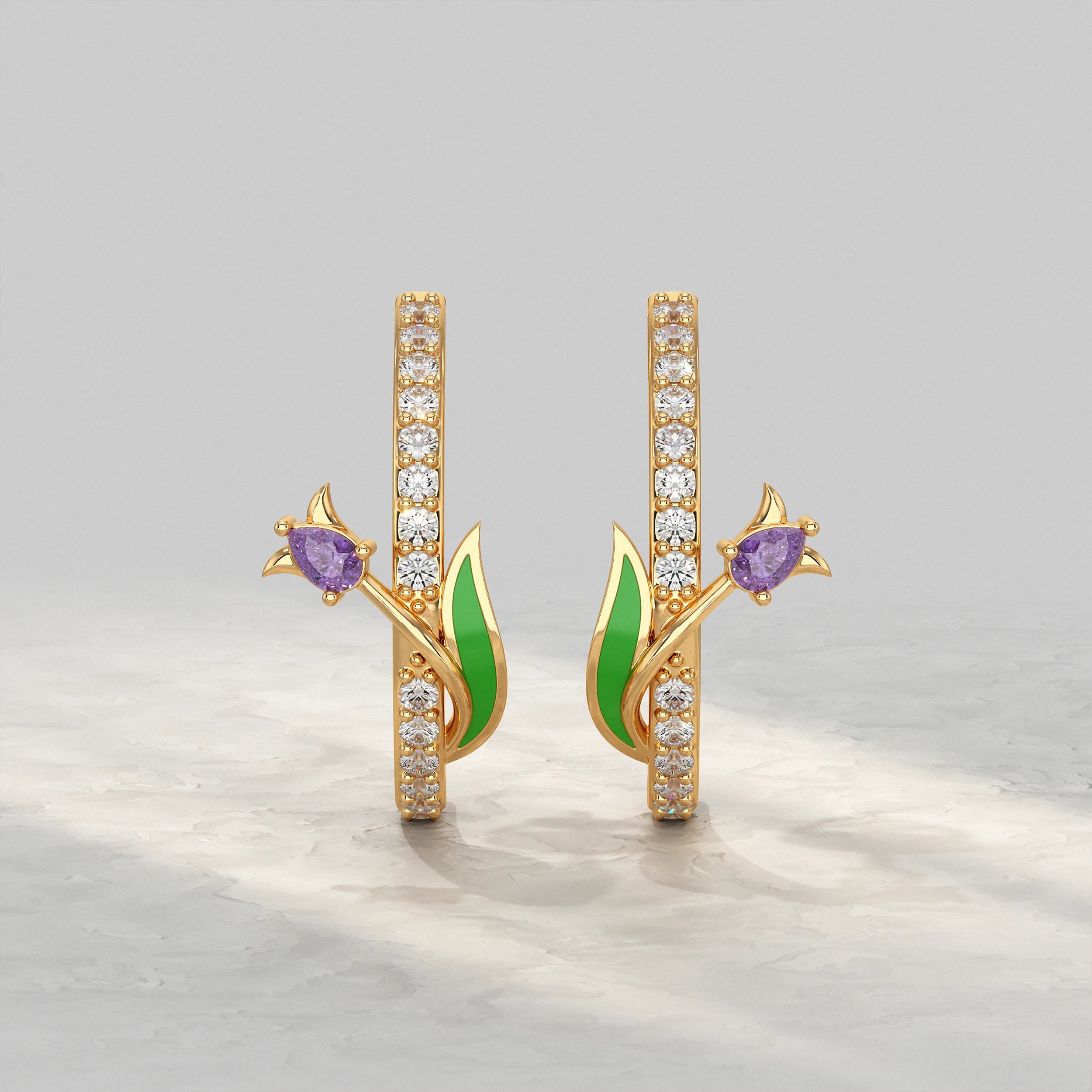 Yellow-Gold-Floral-Hoop-Earrings-With-Diamond-Center