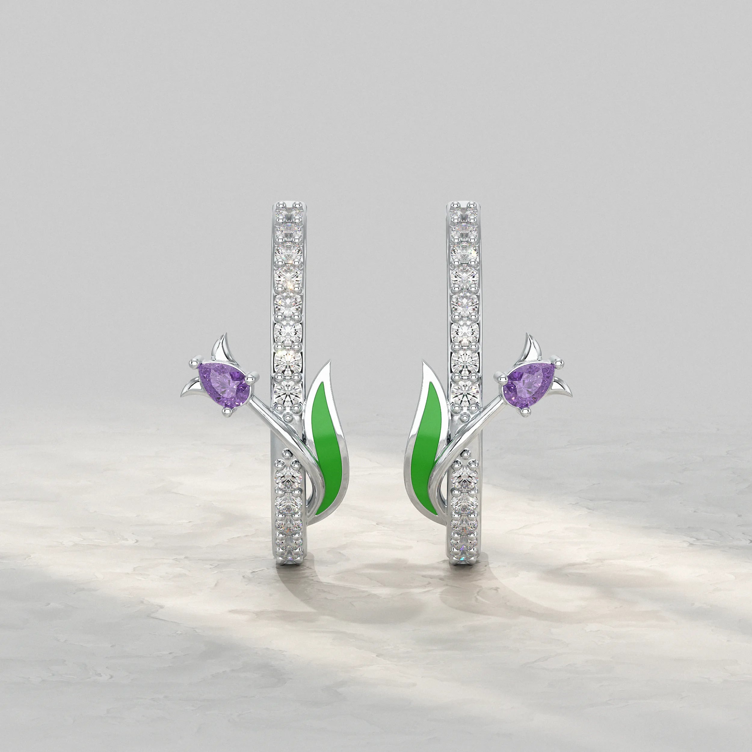 Silver-Flower-Earrings-With-Green-Enamel-Leaf-And-Lab-Diamond
