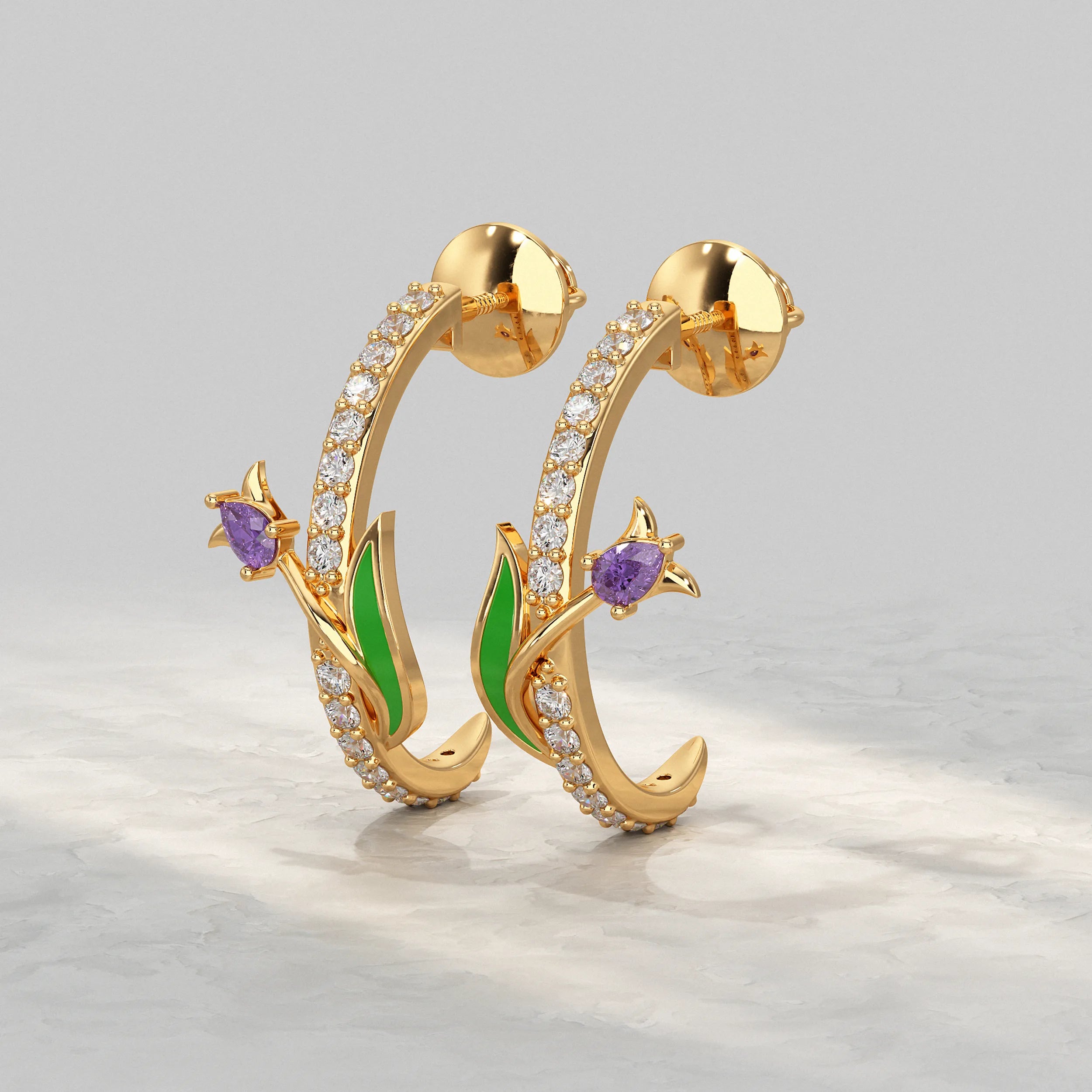 Yellow-Gold-Hoop-Earrings-With-Floral-Motif-And-Vertical-Diamond