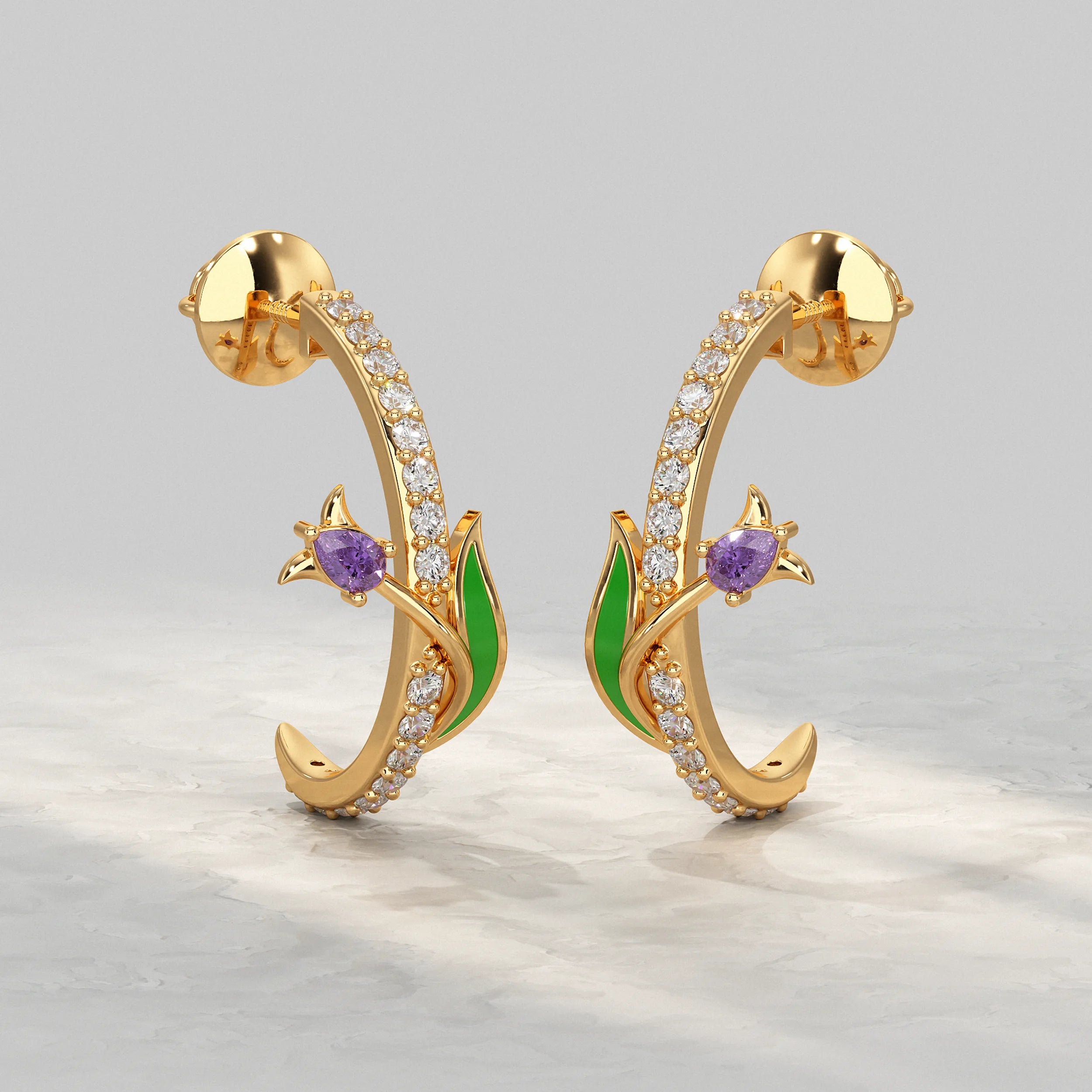 Elegant-Yellow-Gold-Earrings-With-Purple-Gemstone-Flower-And-Diamond-Accent