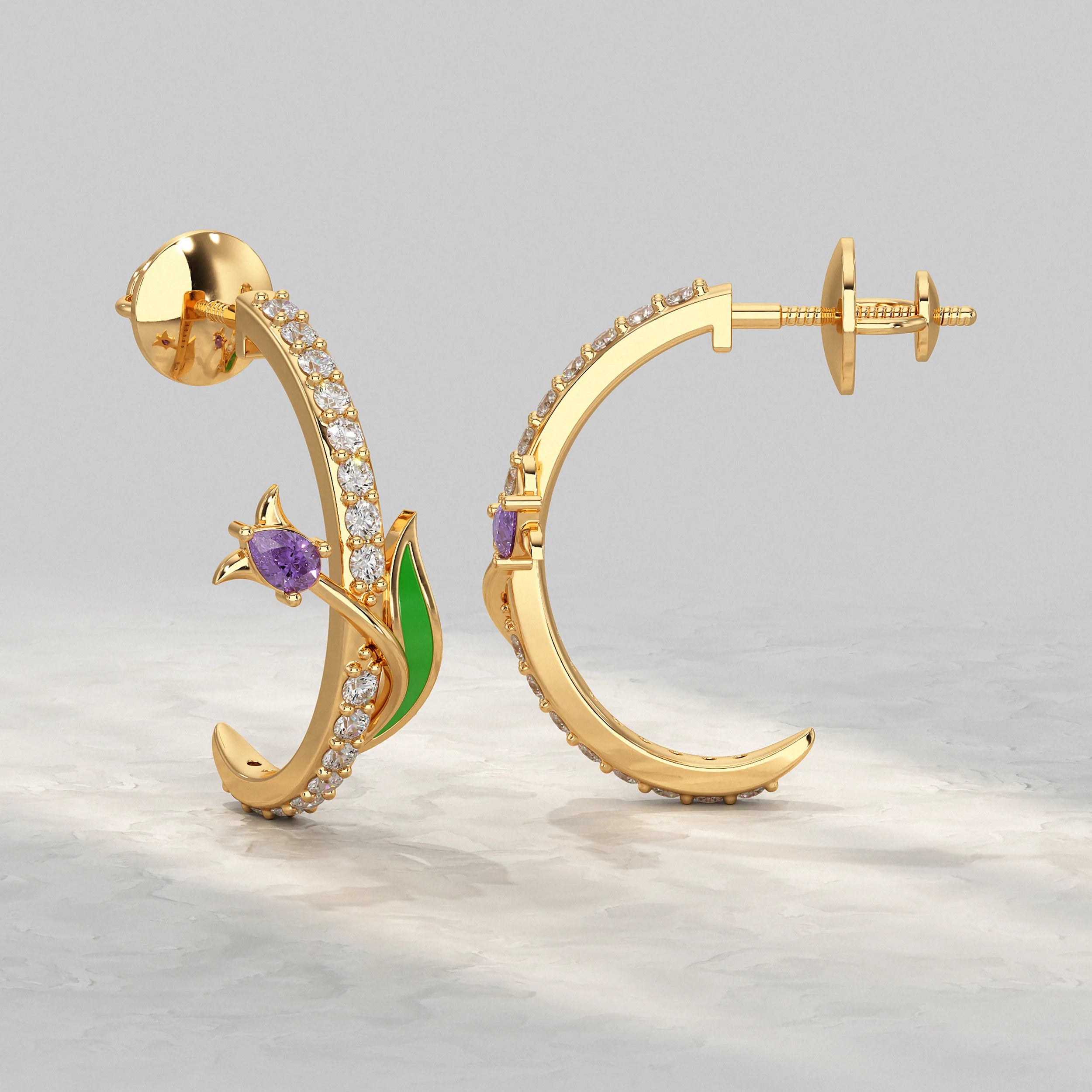 Yellow-Gold-Earrings-With-Green-Leaf-Enamel-And-Purple-Gemstone-Flower-Design