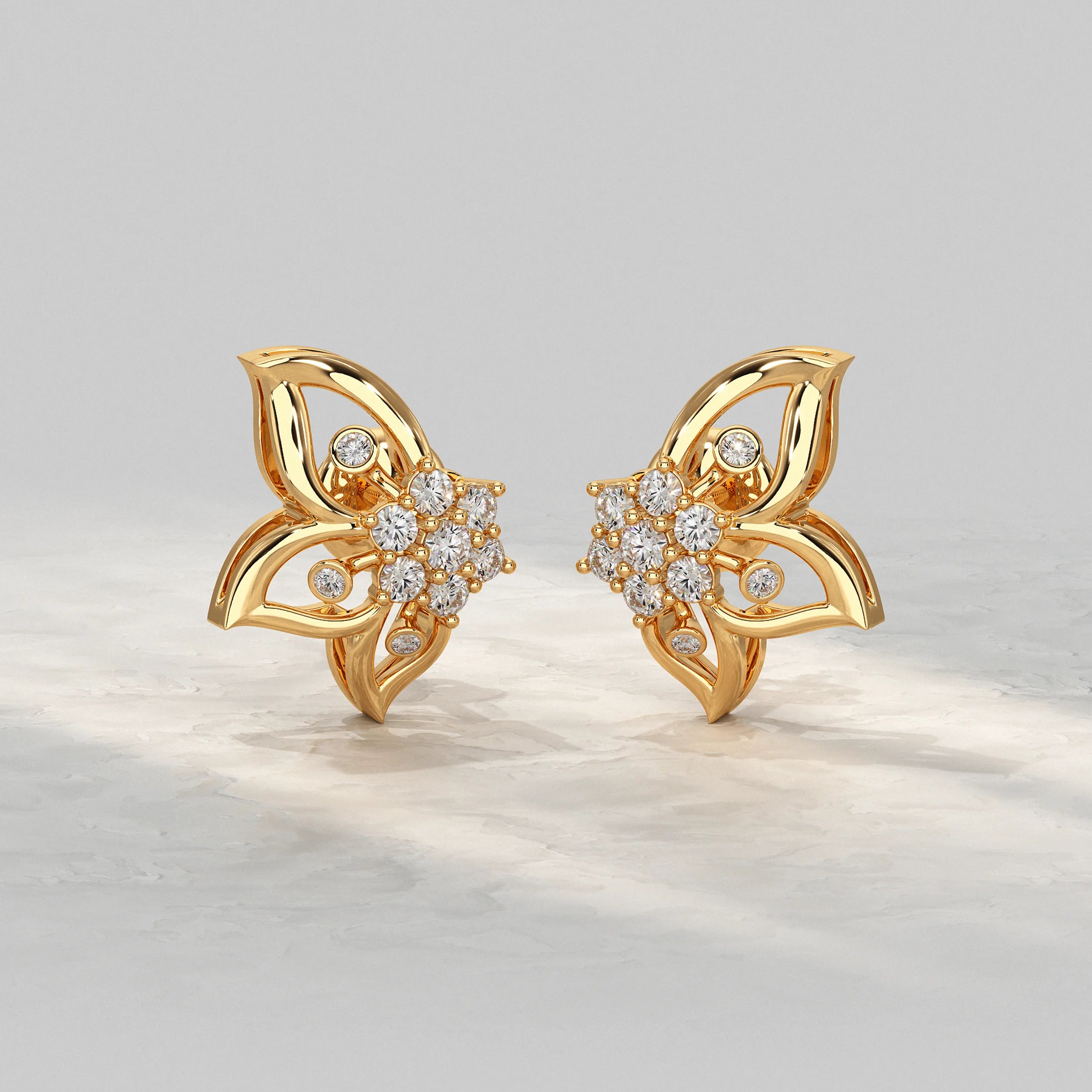 Yellow-Gold-Stud-Earrings-With-Floral-Motif-And-Clustered-Diamond