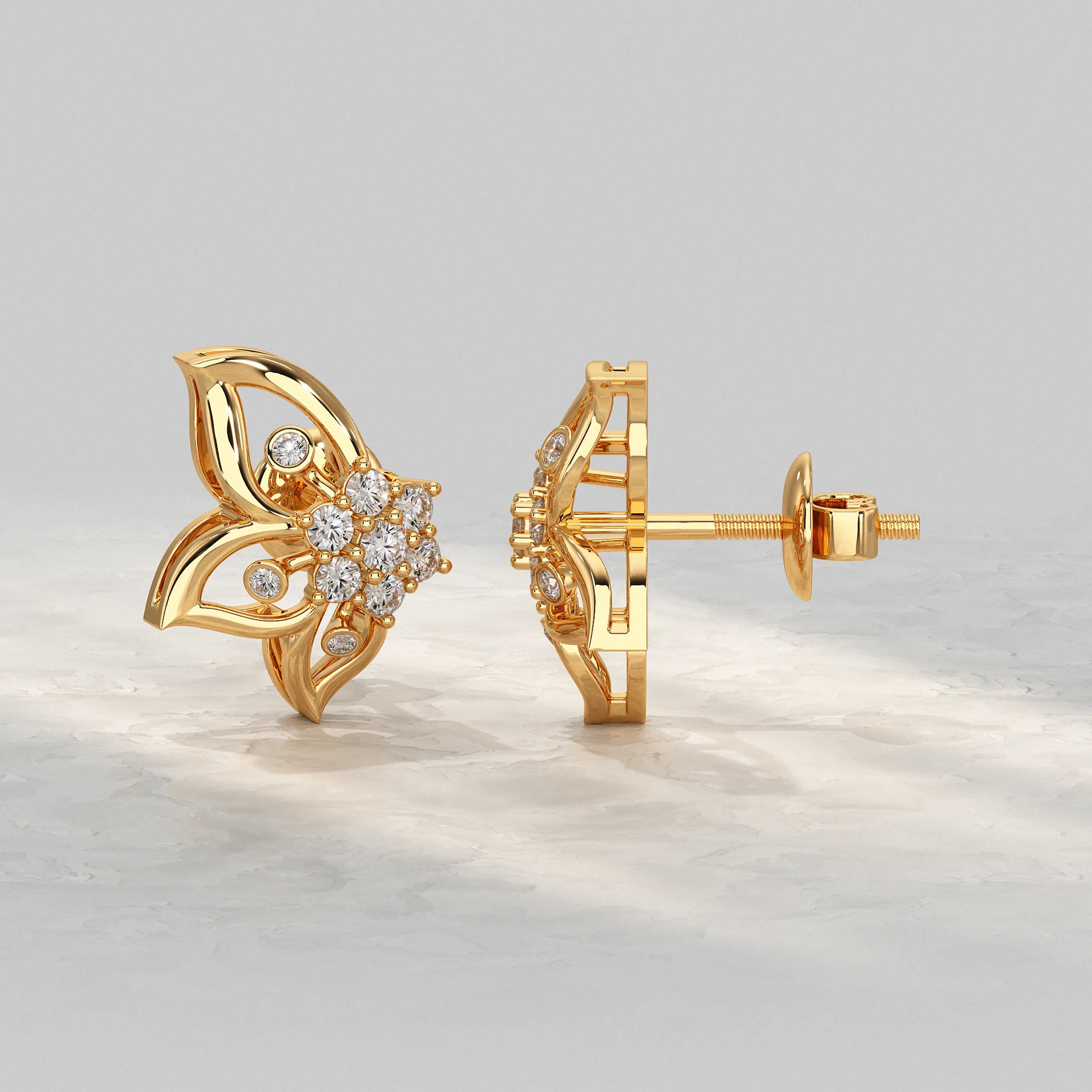 Yellow-Gold-Floral-Stud-Earrings-With-Round-Cut-Diamond
