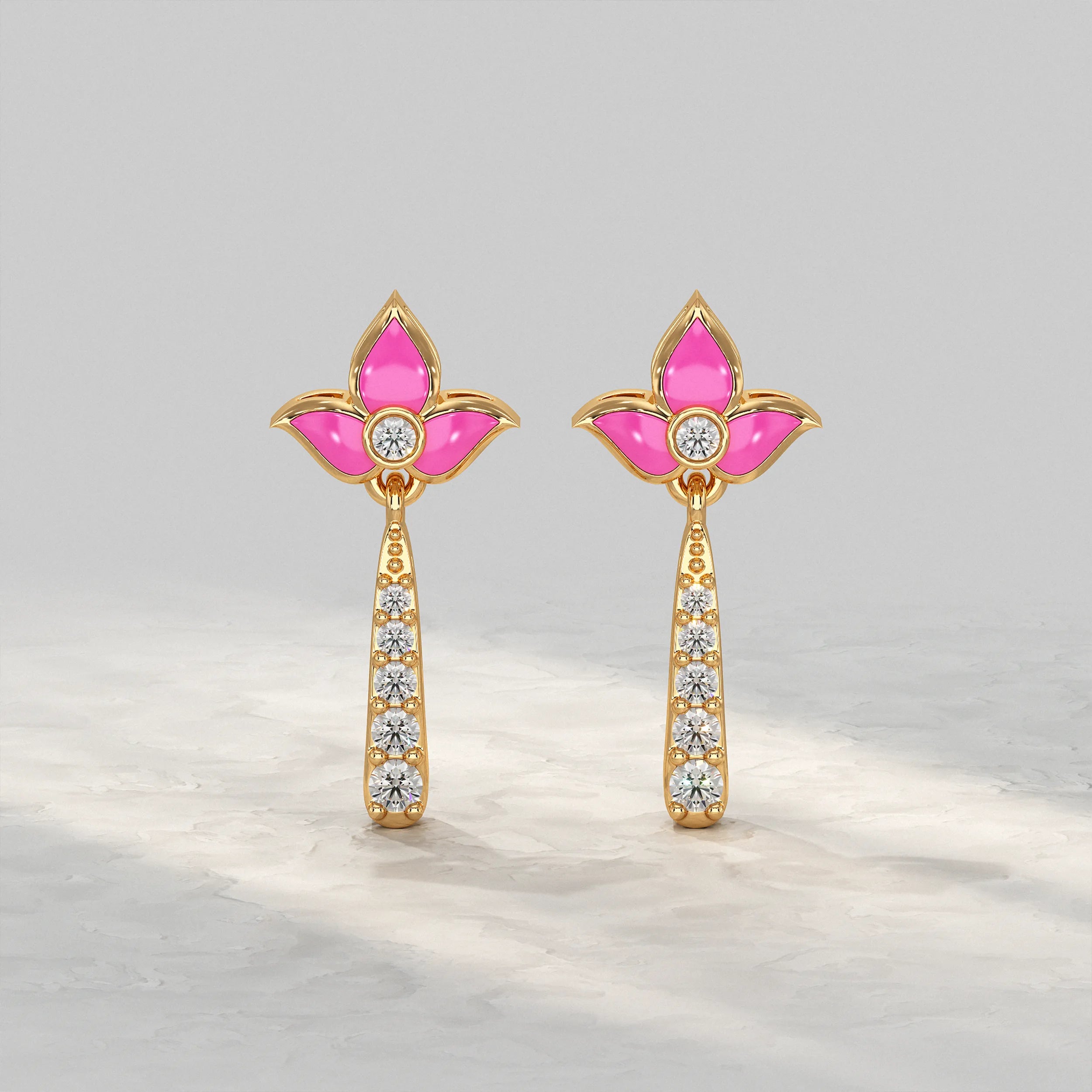 Yellow-Gold-Floral-Earrings-With-Pink-Enamel-And-Diamonds